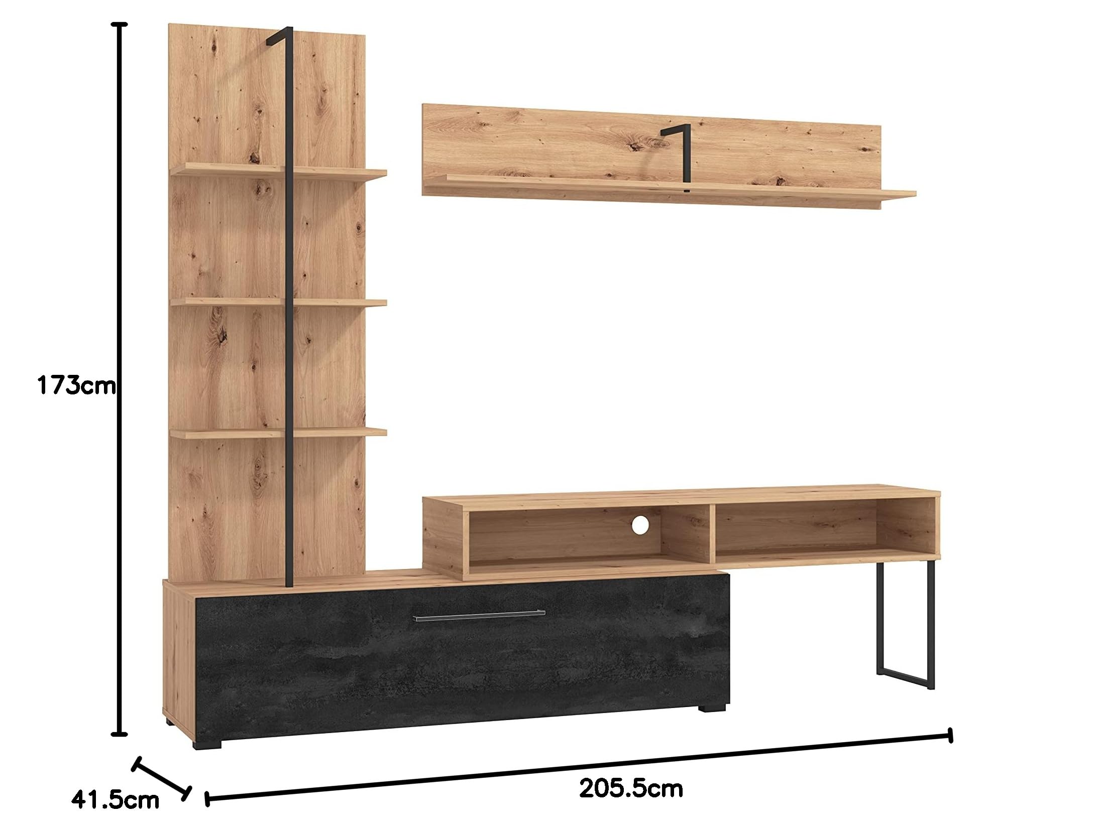 AVANTI TRENDSTORE Evo - Moderna parete da soggiorno in legno laminato in stile quercia Artisan/nero, perfetta per ogni salotto. Dimensioni: LAP 205,5x173x41,5 cm
