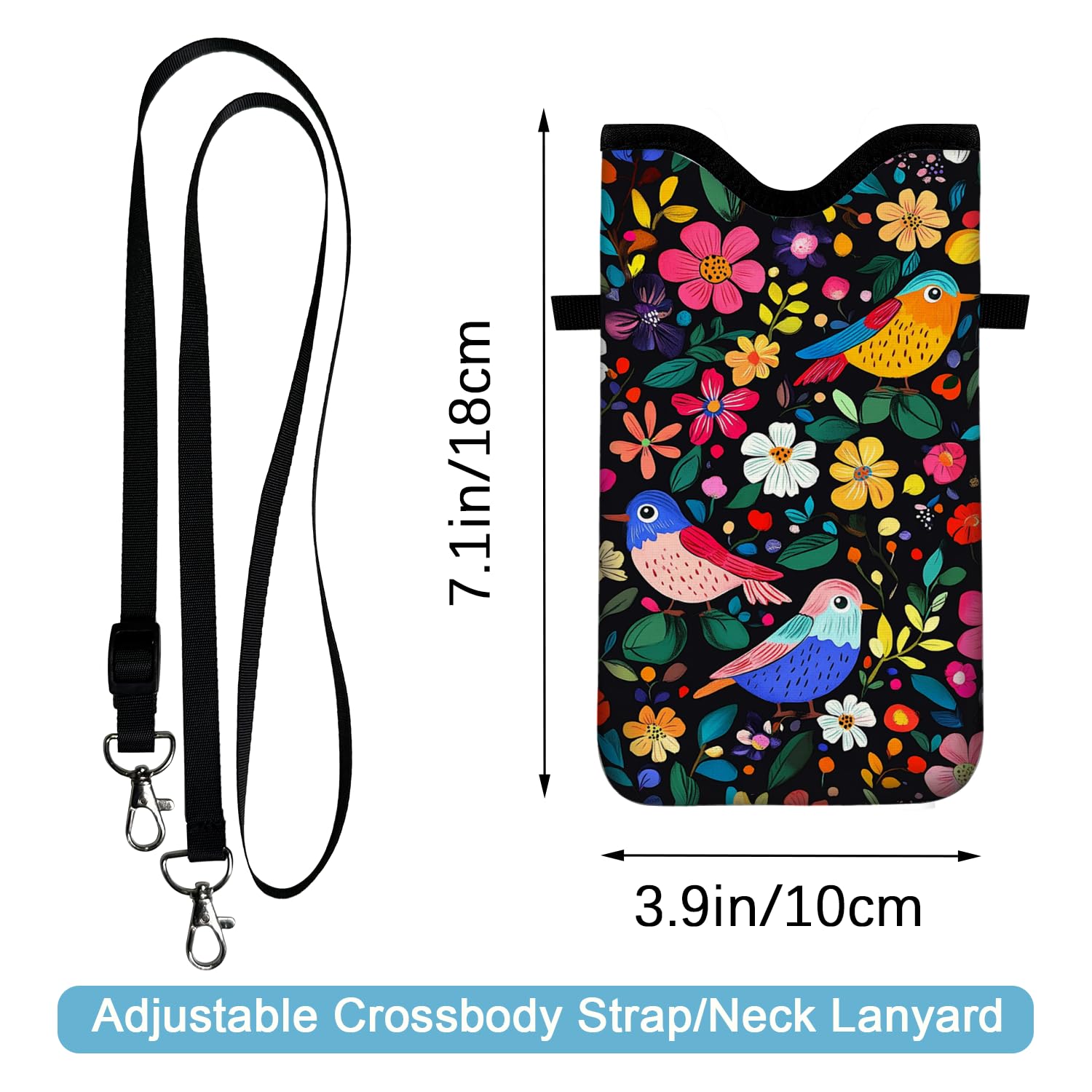 otilil Neoprene Cell Phone Sleeve Pouch Case Bag with Crossbody Strap Neck Lanyard for Women 7.1 X 3.9 in Flower Bird Pattern