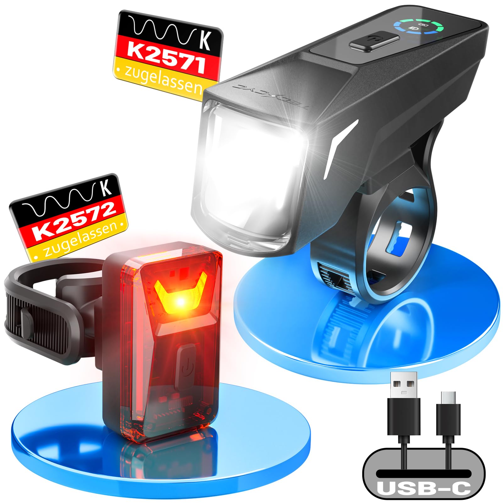 TECHCYC - Set di luci per bicicletta con Lightsensesensor, luce per bicicletta fino a 70 lux, luce per bicicletta ricaricabile USB, IPX6, 2500 mAh luci anteriori e 300 mAh luce posteriore