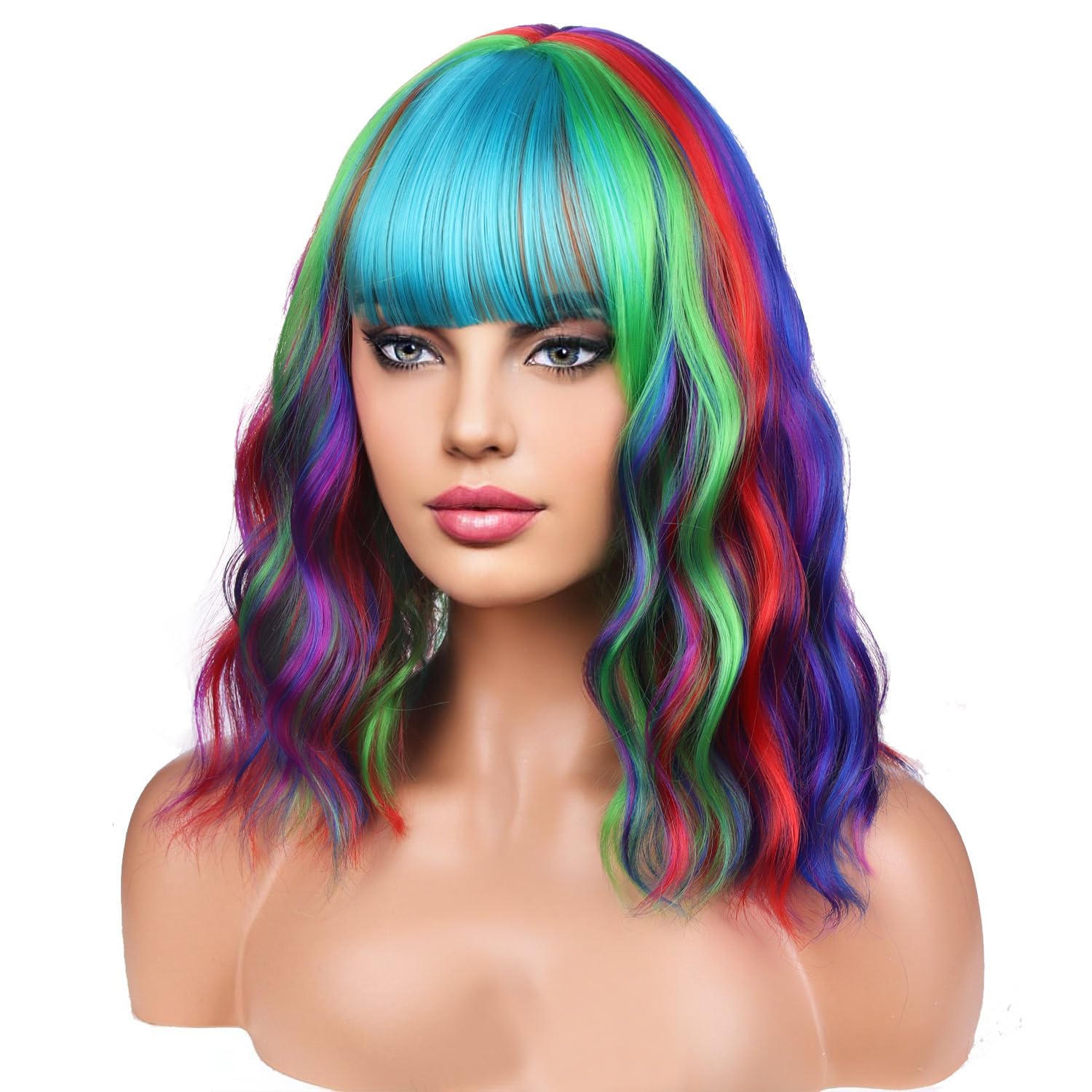 BERON14 Inches Rainbow Wig with Bangs Short Curly Synthetic Wig for Women Cosplay Daily Party Hairnet Included