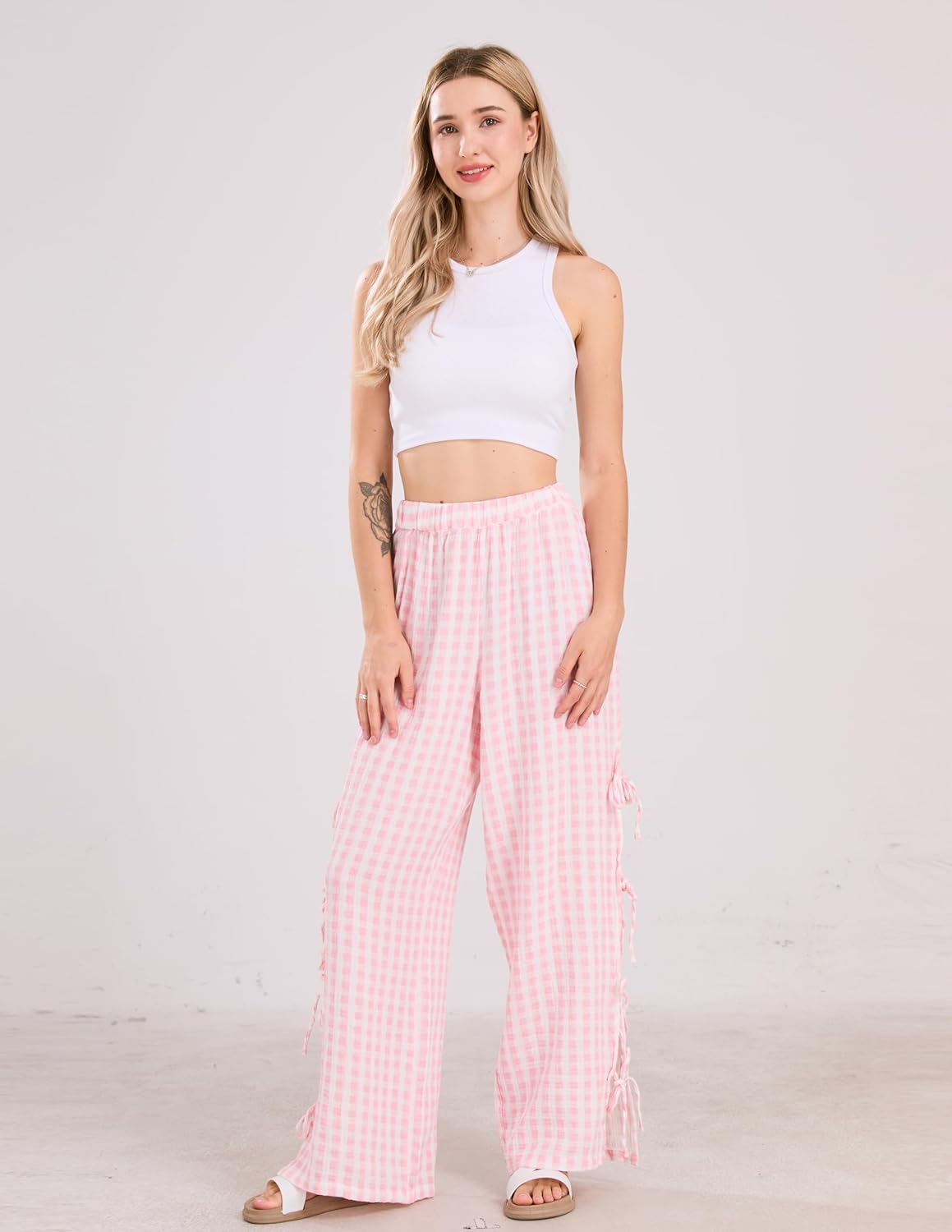 Womens Gingham Striped Wide Leg Pants Y2k Lounge Pants Lace Up Loose Trousers - Image 2