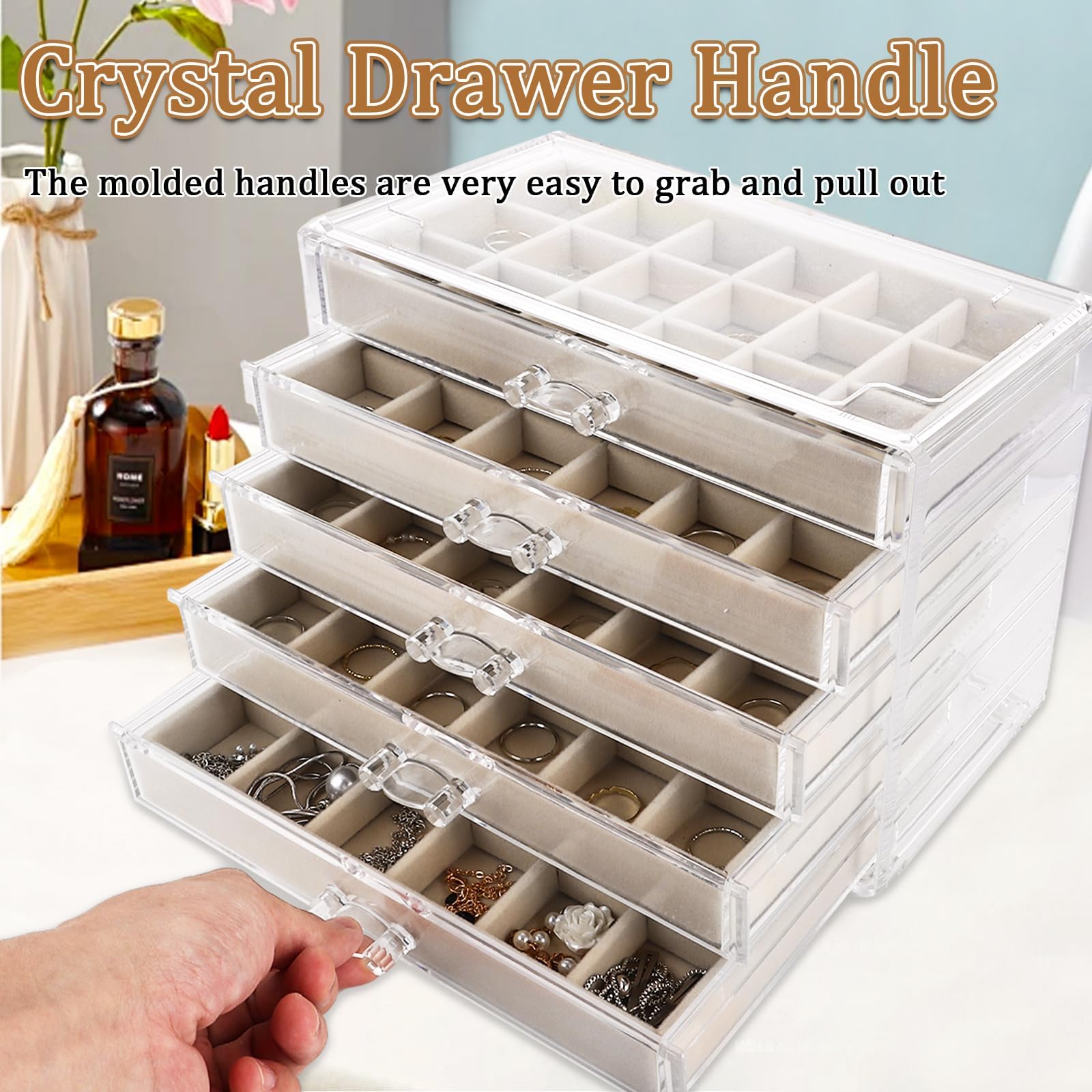 YAYODS Organisateur de Bijoux en Acrylique à 5 Tiroirs - Boîte à Bijoux Transparente avec Doublure en Velours Beige - Rangement Modulable pour Boucles d'Oreilles, Bagues et Colliers sur la Coiffeuse