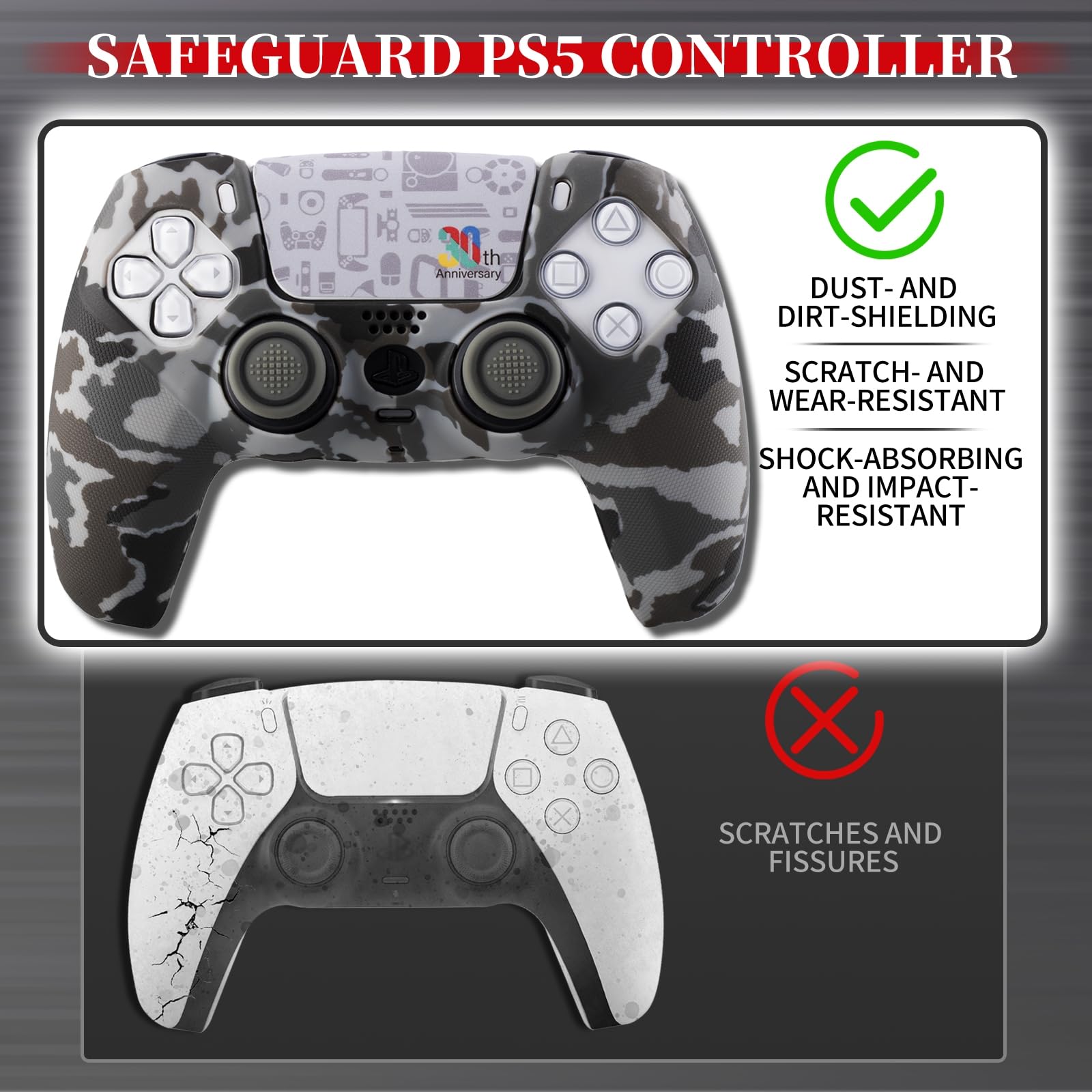 Non-Slip Silicone Cover for PS5 Controller with Thumbstick Caps * 2 & Sticker * 1 30 Years Anniversary