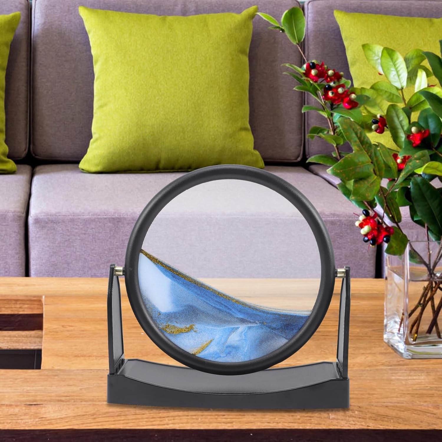 LALADEFIEE Moving Sand Art Picture with Rotating Base Blue Frame 250x60x250mm Landscape Moving Sand Art for Home and Office Desk Decoration Ornament for Adults