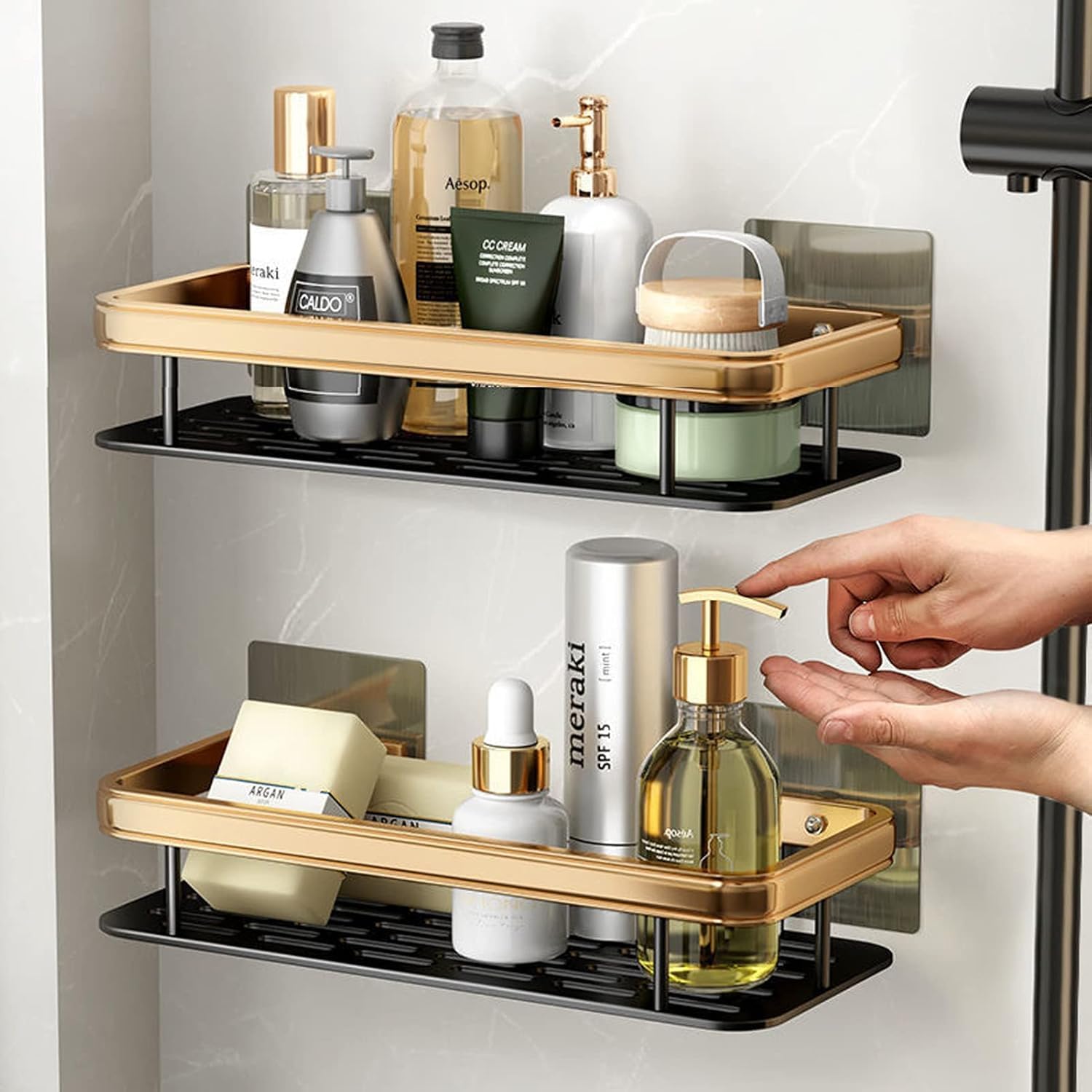 EETU 2 Pack Bathroom Shelves No Drilling Adhesive Wall Mounted Shower Organizer for Bathroom Storage & Home Decor, Large Capacity Rustproof Aluminum Shower Accessories Shower Shelves (Black+Gold)