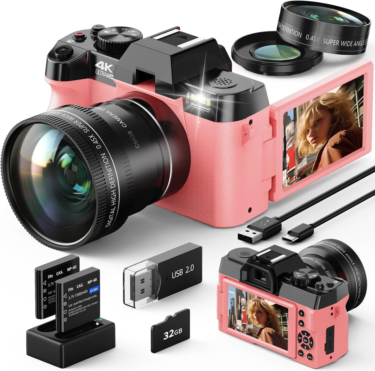 Digital Camera, 4K 48MP Cameras for Photography, 180° Flip Screen Camera with 16X Digital Zoom and WiFi Auto-Focus Vlogging Camera for YouTube with 32GB TF Card. Wide-Angle & Macro Lens S100-ZXWM