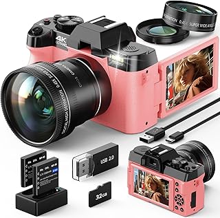 Vlogging Digital Camera with 180° Flip Screen, WiFi, Pink Color, Macro & Wide Angle Lens, App Control, External Microphones, 16X Zoom, 32GB TF Card - Camera for Photography, Vlogging, YouTube