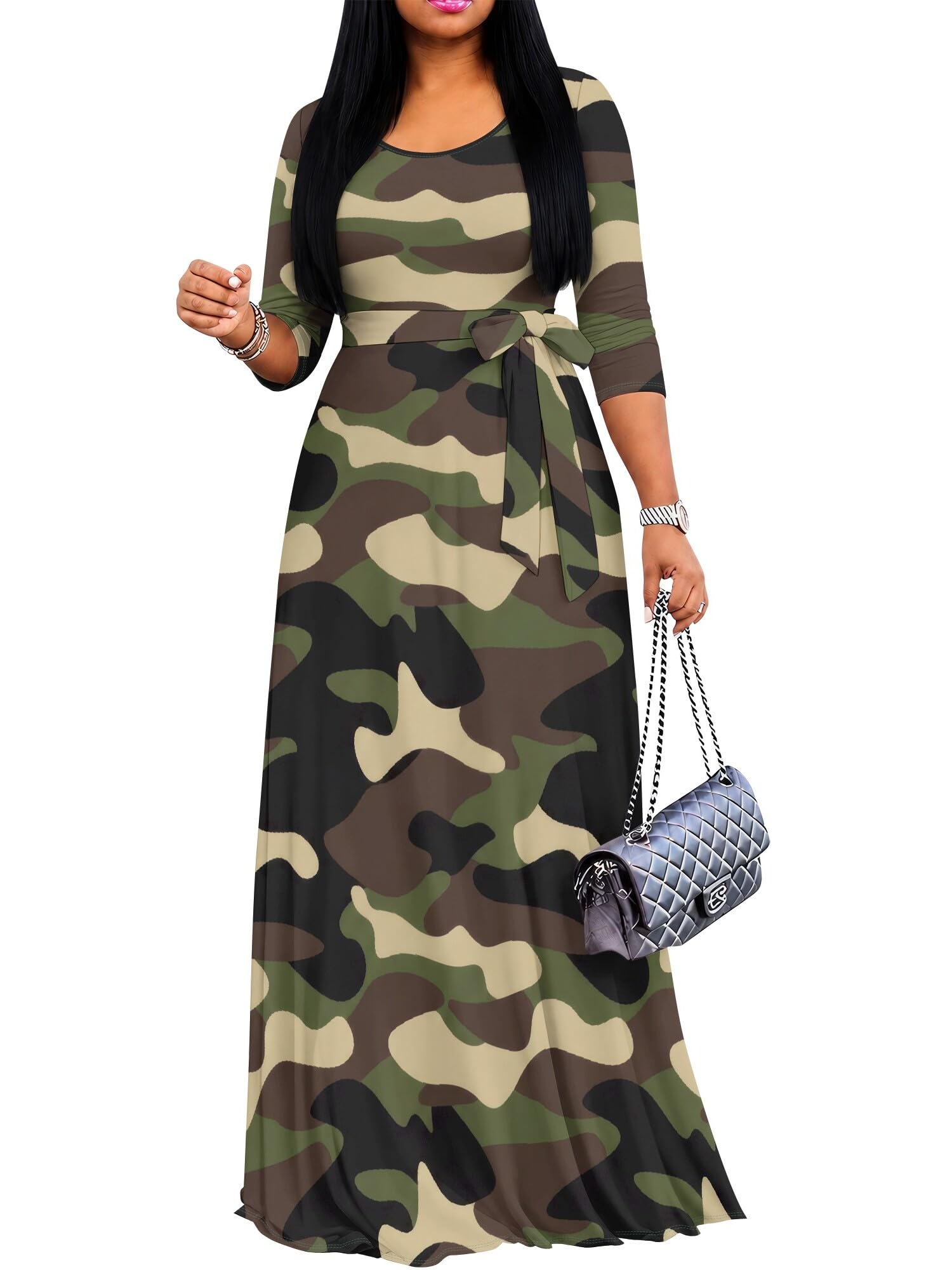 PinkPatty Women's Print Maxi Dresses 3/4 Sleeve Flowy Long Dress V Neck Wrap Tie Waist Sundress