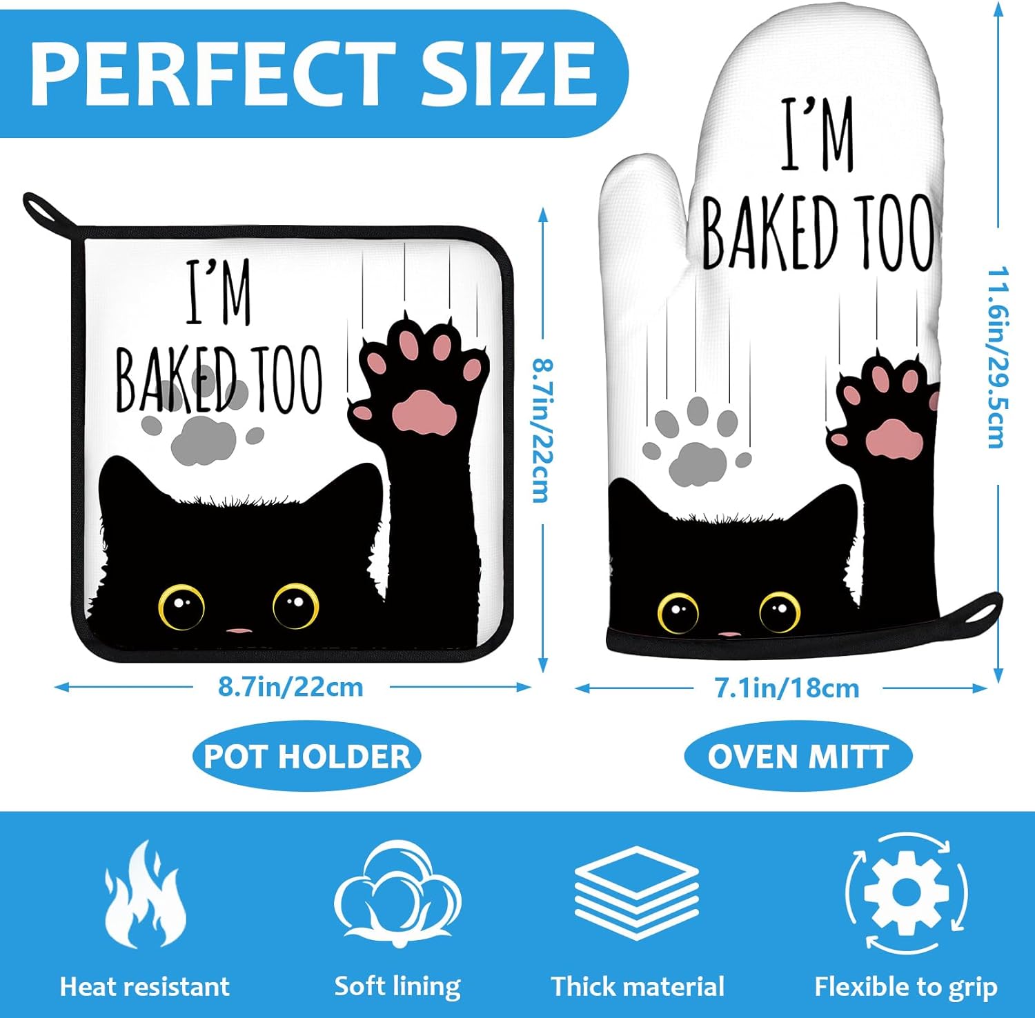 Funny Black Cat Oven Mitts and Pot Holders Sets Heat Resistant 4Pcs Potholders Oven Gloves Hot Pads for Kitchen Baking Cooking Grilling BBQ - Image 2