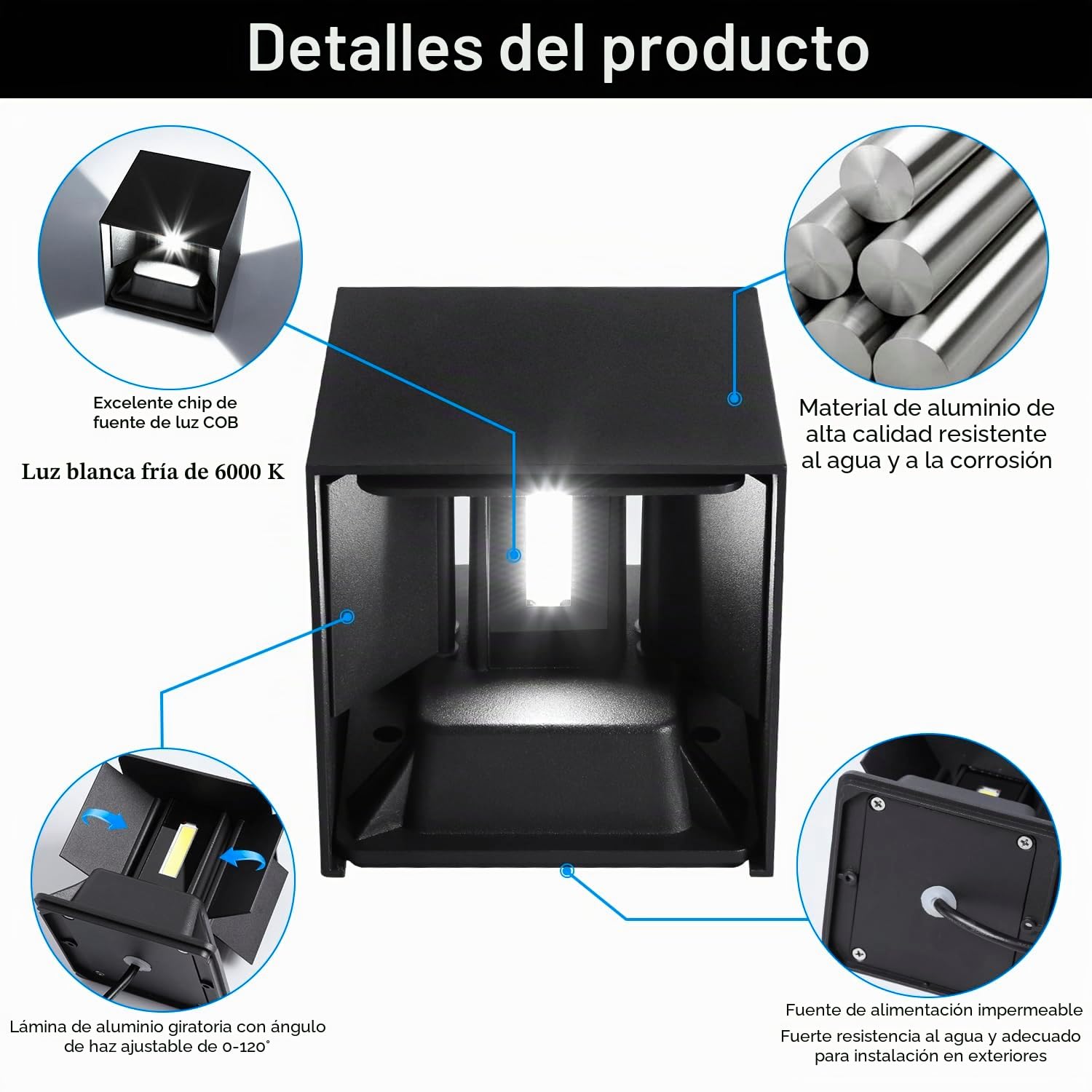 ledmo 4 Piezas Aplique de Pared Interior 20W Aplique Exterior Pared 6000k Blanco Frío Ángulo de haz Ajustable Negro IP65 Impermeable