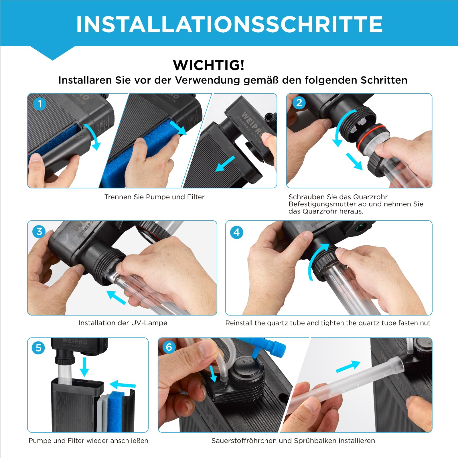 Filtro interior para acuario con lámpara UV de 9 W, filtración de 3 capas, flujo de agua ajustable de 850 l/h, bomba de filtro para acuario de 140 l ~ 210 l de agua dulce o de 90 l ~ 120 l acuarios de