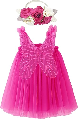 BGFKS Vestido tutú de tul de mariposa en capas para niñas pequeñas, vestido de princesa con diadema de flores