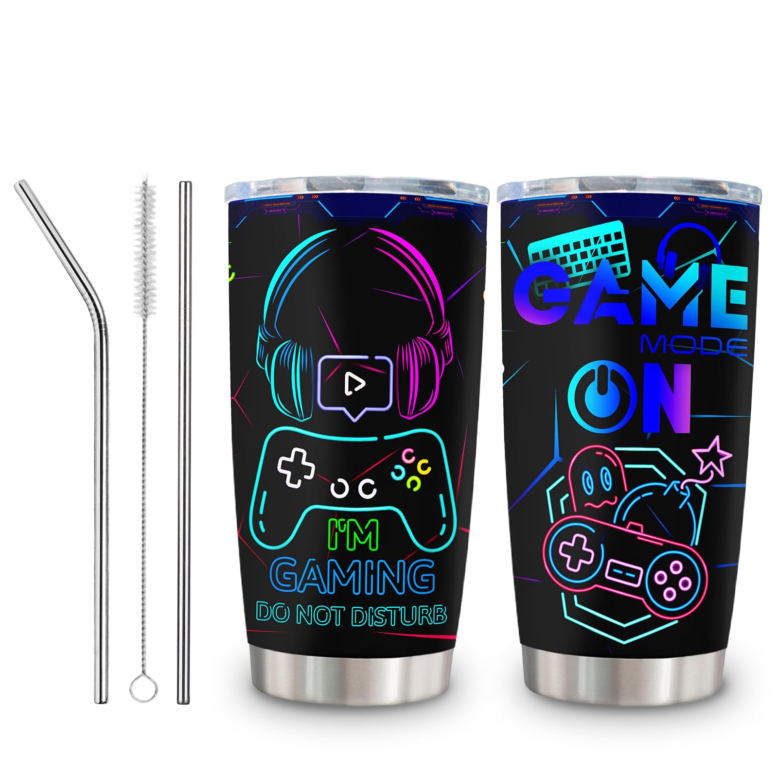 Gamer Travel Mug 20oz, Insulated Coffee Cup with Lid and Straw, Cool Gifts for Gamers, Stainless Steel Double Wall Travel Mugs for Ice Drinks, Ice storage, Gamer Gifts for Boys Teenage Home Picnic (D)
