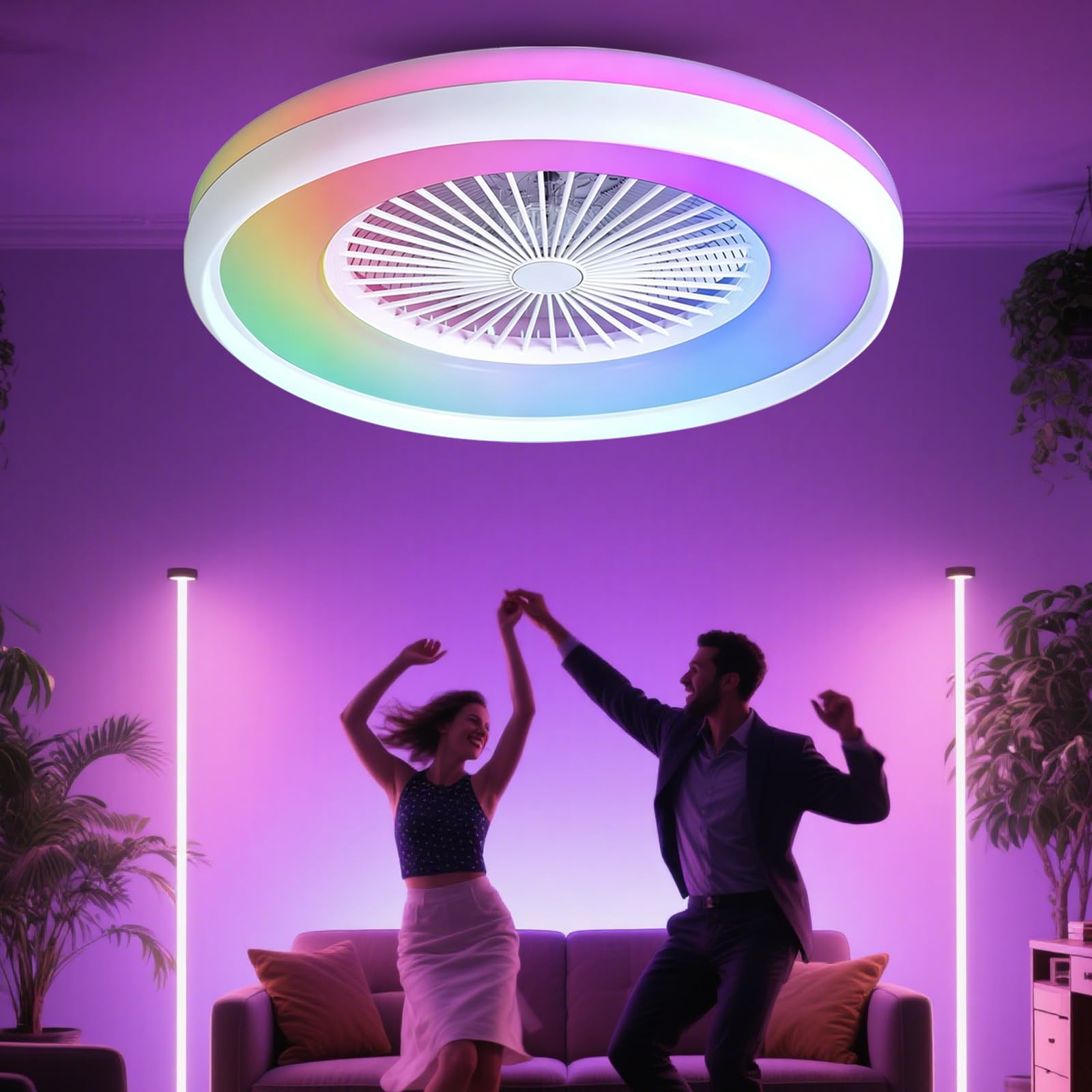 ZOMLBOF 48cm Quiet Fan with 6 Speeds,Reversible,Timer RGB Ceiling Fan Light,Built-in Bluetooth Speaker,Dimmable Smart White Fan Lamp with Memory,APP and Remote,for Bedrooms,Studies Game Rooms