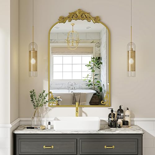 Miniatura 6 de VooBang Espejo de baño vintage arqueado de 26 x 38 pulgadas, magnífico espejo de tocador de pared con hermoso marco retro de proceso de grabado