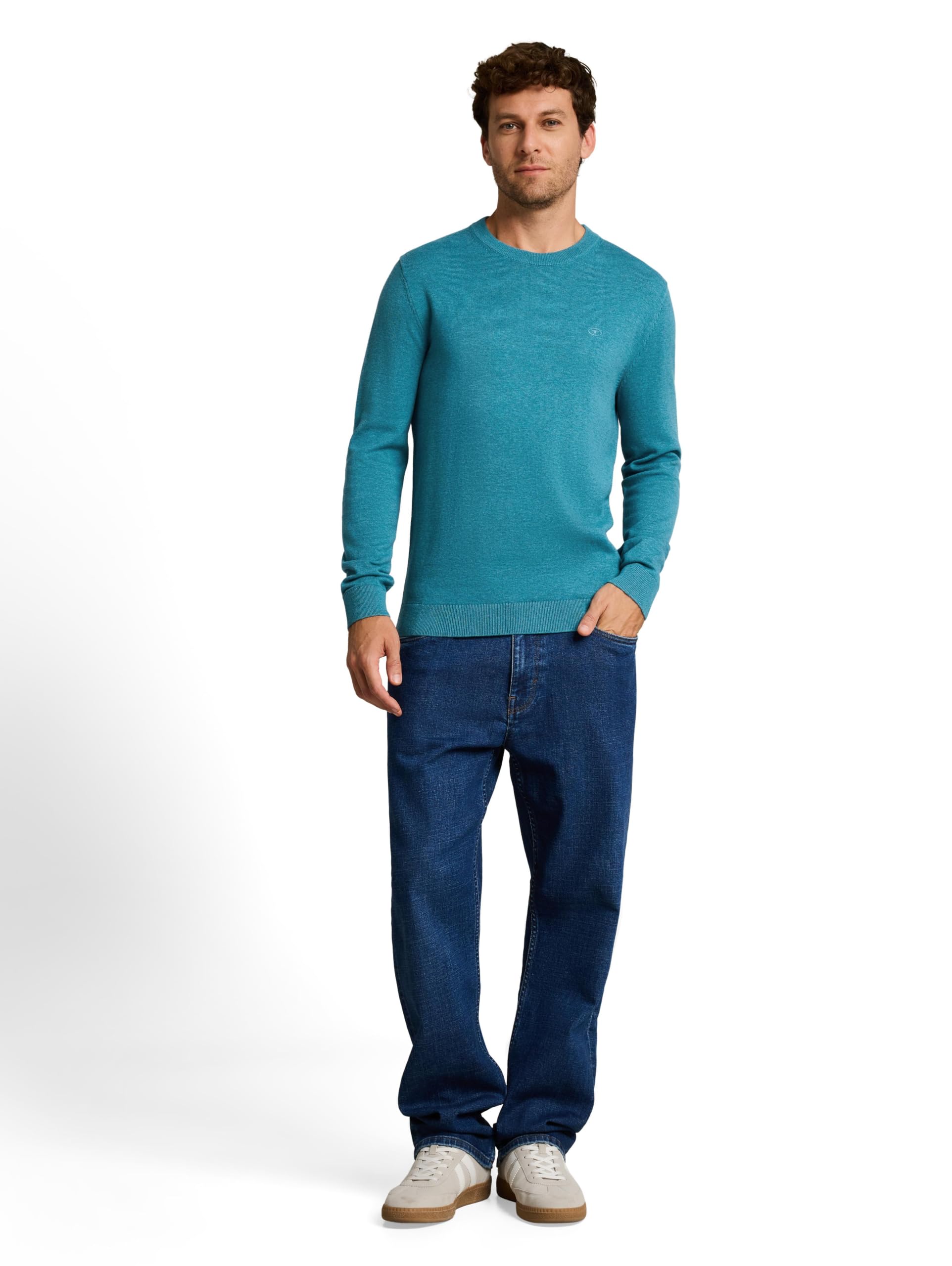 TOM TAILOR Herren Basic Crewneck Pullover aus Baumwolle, 36299 - Bright Teal Melange, XXXL – Ansicht 2