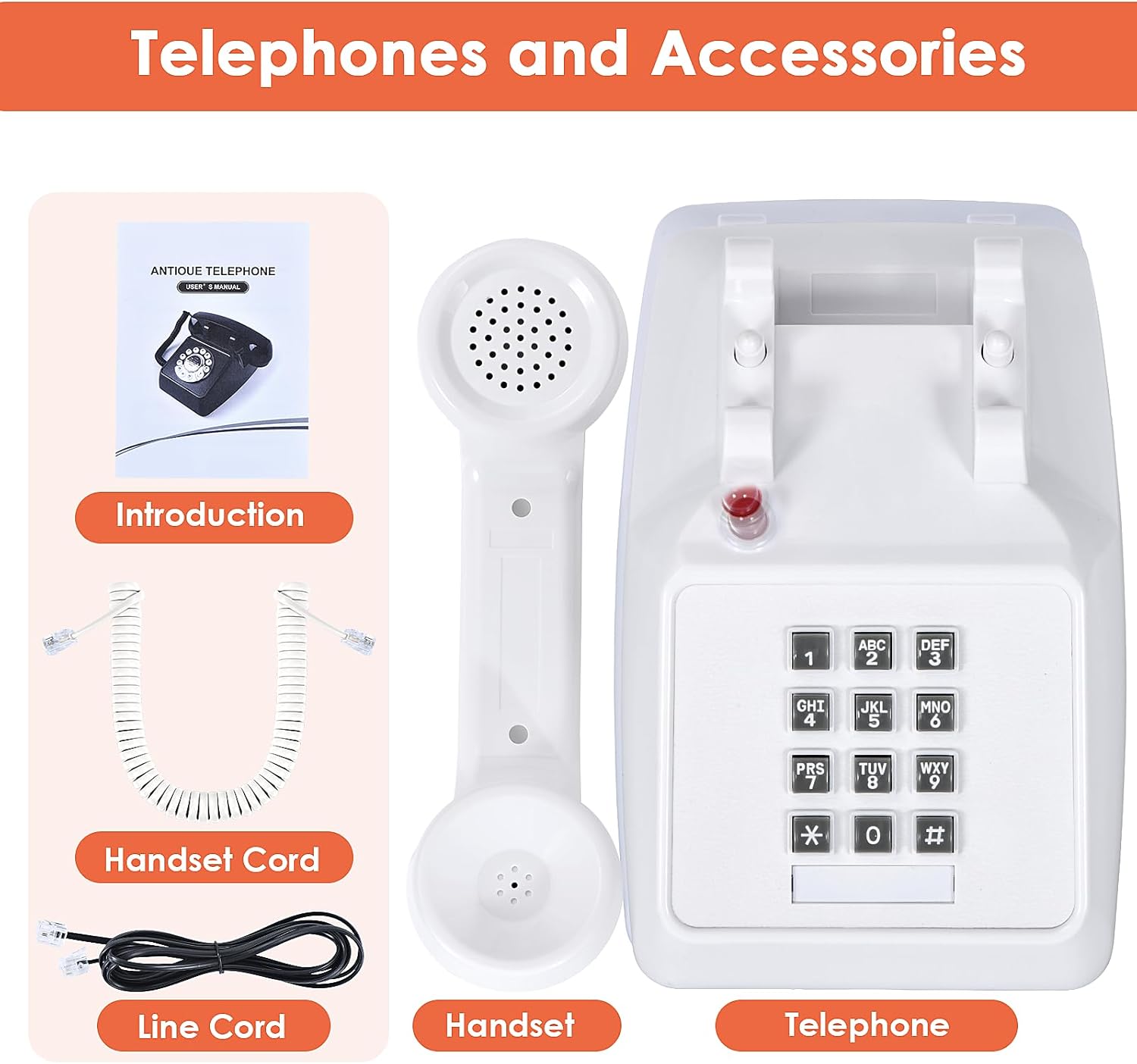 Retro Phone, Corded Old Phone, Retro Telephone with Landline, Classic Vintage Push Button Old School Phone with Redial Function for Home Office Hotel School (Button, White)