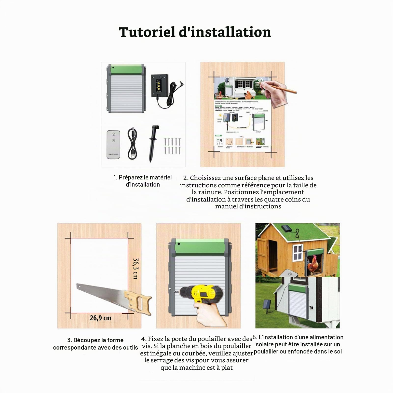 ZJchao Porte Automatique de Poulailler Solaire avec Minuterie, Capteur de Lumière et Télécommande, Ouvre-Porte Automatique étanche pour la Ventilation du Poulailler