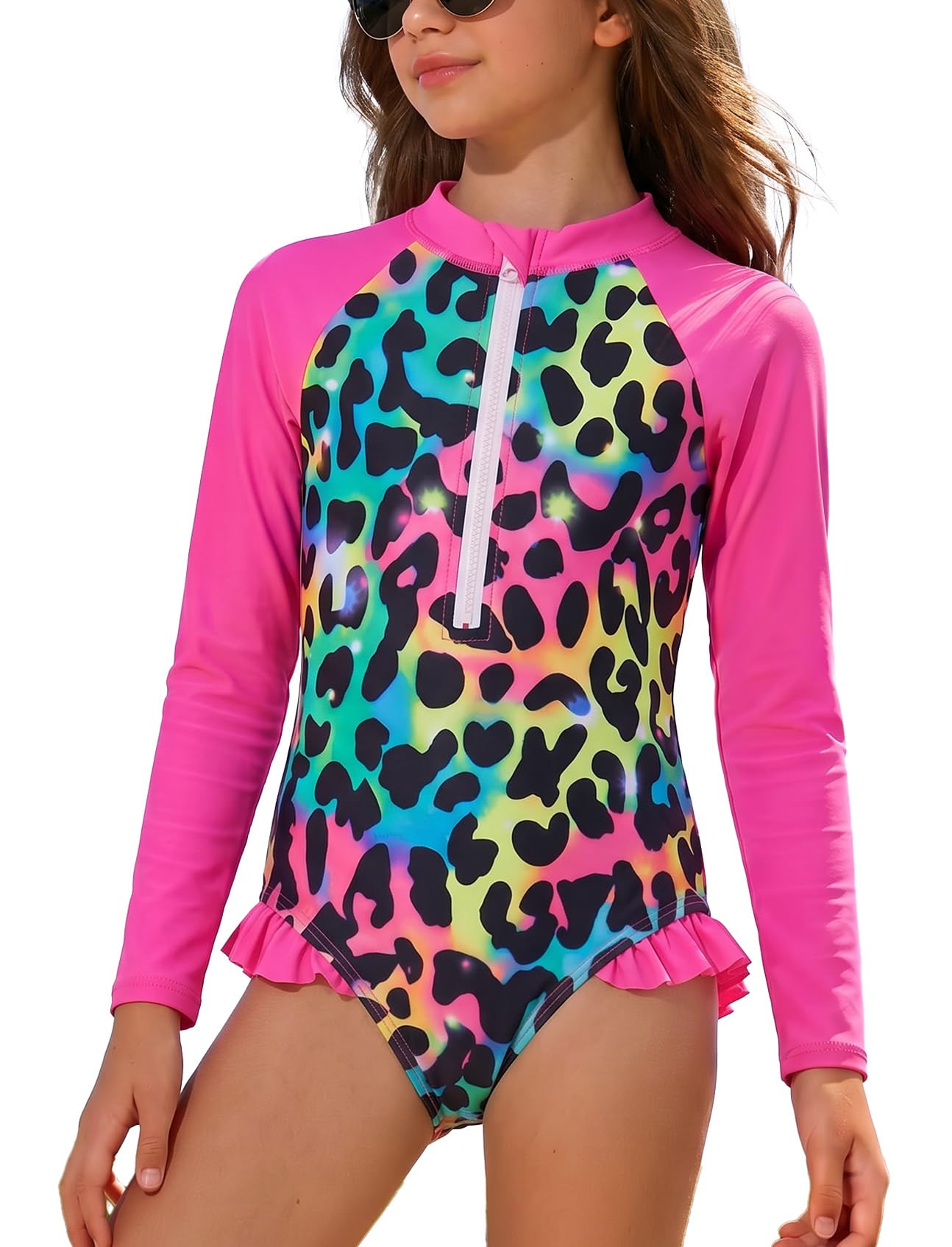 JiAmy Mädchen Badeanzug Kinder Langärmelig UV Schwimmanzug Einteilig Sommer Sportlich Rash Guards für 3–12 Jahre/98-158