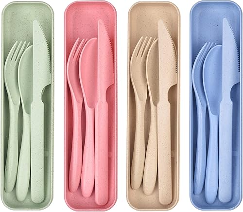 Juego de utensilios de campamento, juego de utensilios reutilizables con estuche, utensilios de viaje, juego de utensilios portátiles, funda de