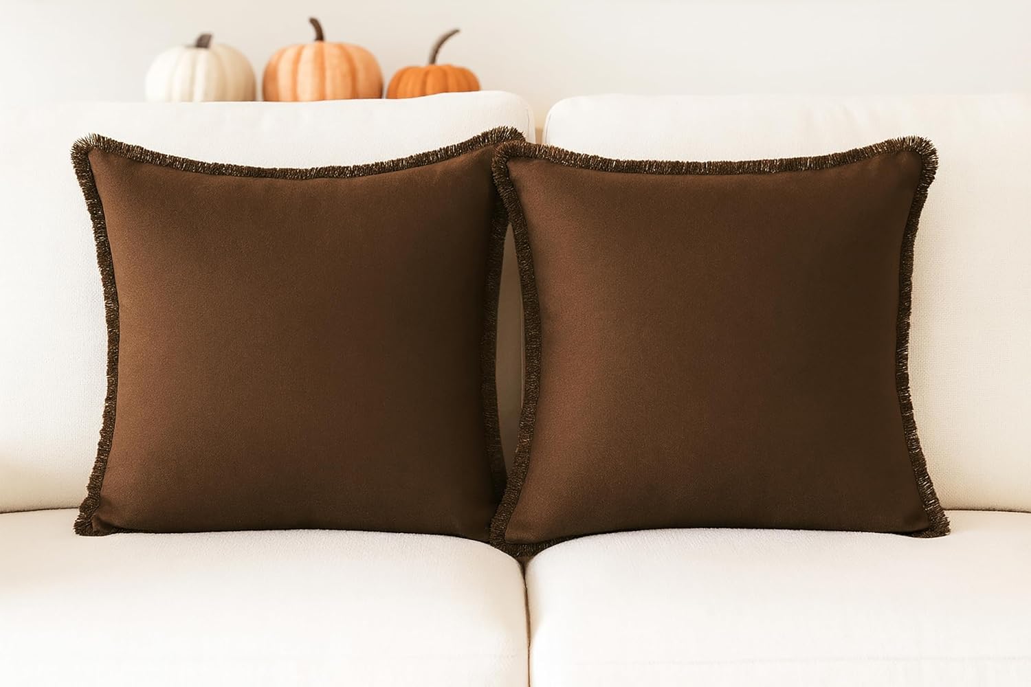 PurpleEssences 2 Pack Boho Cotton Fringe Throw Pillow Covers, Decorative Cushion Covers with Tassels for Couch, Sofa, Bed, Farmhouse Home Décor Spring Easter Summer - 20x20 Inch - Nut Brown