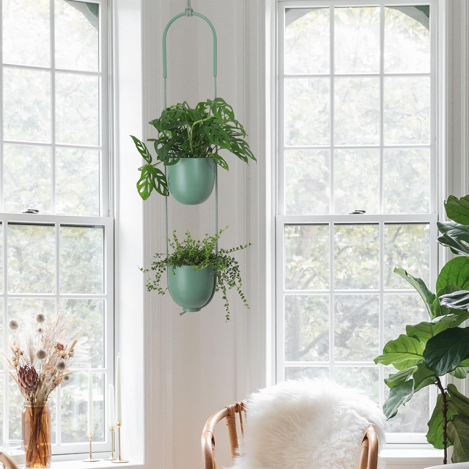 Metal Hanging Planters 2 Tiers Indoor Outdoor Modern Plant Hangers Wall Ceiling Hanging Flower Pots Baskets Kitchen Room Decor(Green)