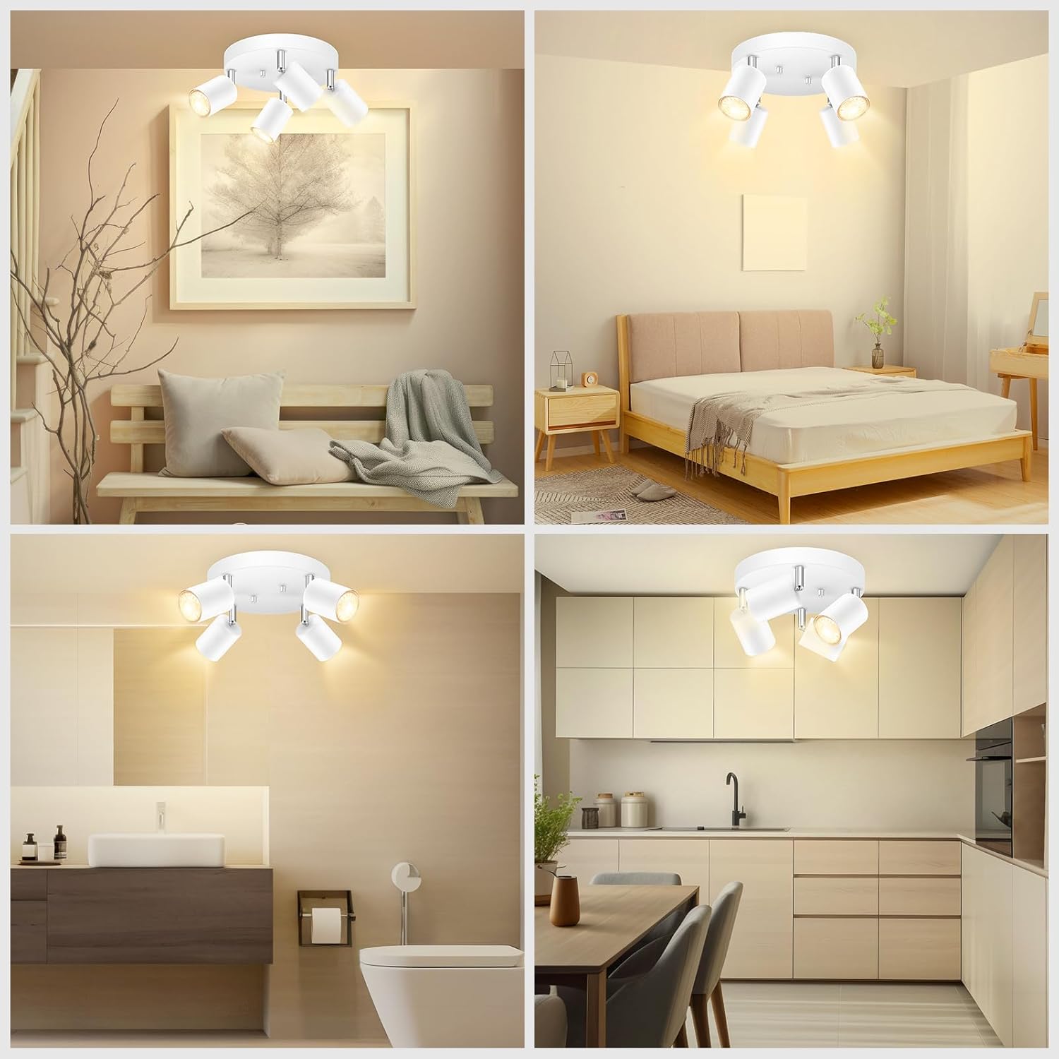 BoostArea LED 4 Light Track Lighting Kit, LED Track Lighting Fixtures, White Round Ceiling Spot Lighting, Flexibly Rotatable Light Head for Kitchen, Living Room, Bedroom, GU10 Bulb Not Included