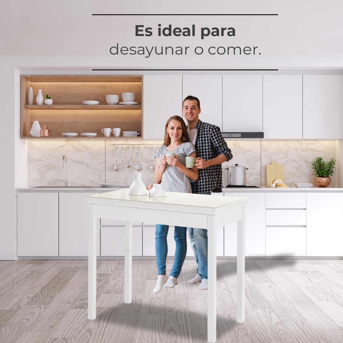 ASTIMESA Mesa de Cocina Extensible de Libro sin cajón - 80x40 cm (80x80 cm) - Estructura y Tapa Interior Color Blanca - Tapa Superior Cristal Color beig