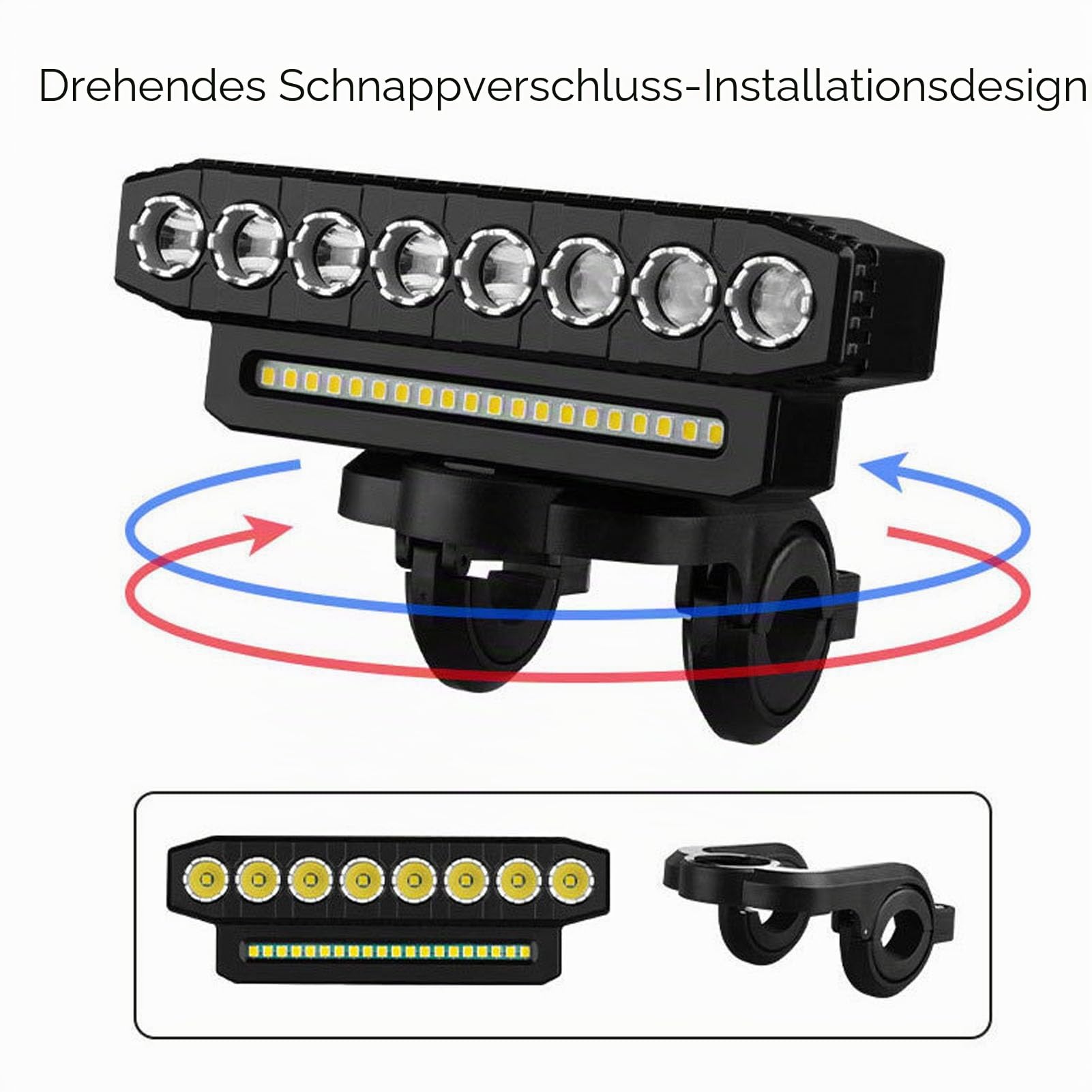 Alomejor Fahrradlicht, 8 LEDs, Wiederaufladbarer USB-Scheinwerfer mit Hupe, 6 Modi, Powerbank-Funktion, IP44 Wasserdicht, für die Sicherheit von Mountainbike- und Off-Road-Fahrrädern