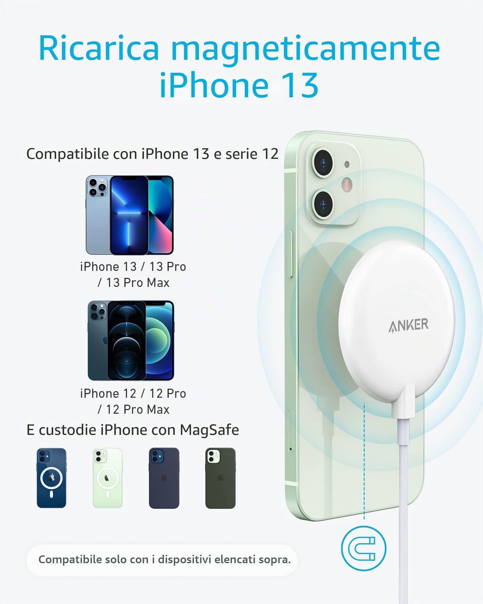 Anker Caricabatterie Wireless Magnetico Cavo USB-C Integrato da 1,5 m, Base Pad Lite Magnetica PowerWave Solo per iPhone 12/12 Pro/12 PRO Max/12 Mini (Senza Adattatore CA)