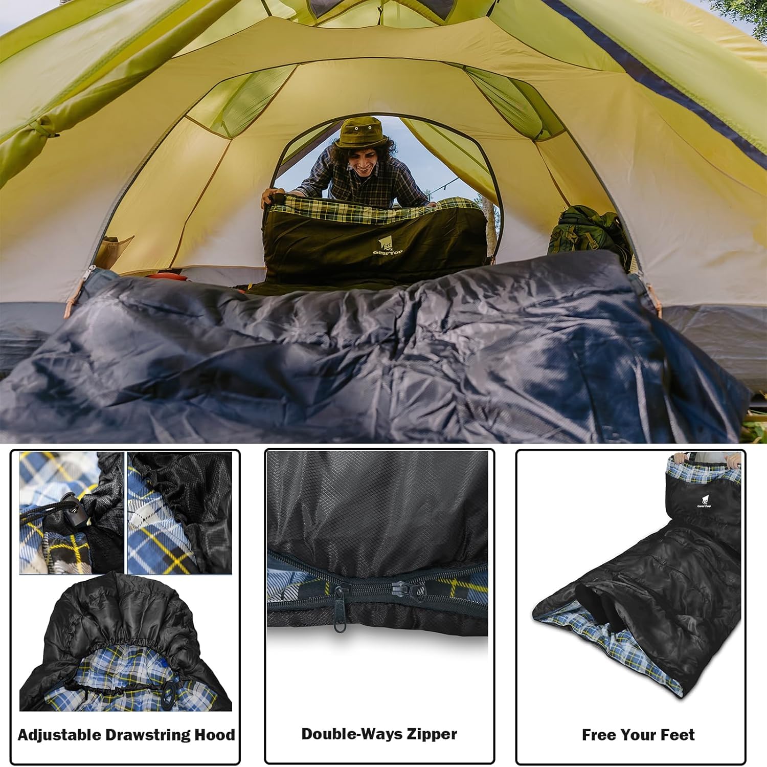 GEERTOP Slaapzak XL 3-4 seizoenen flanel extra groot 220x100cm voor volwassenen compact draagbaar comfortabel professioneel warm voor kamperen wandelen buiten binnen