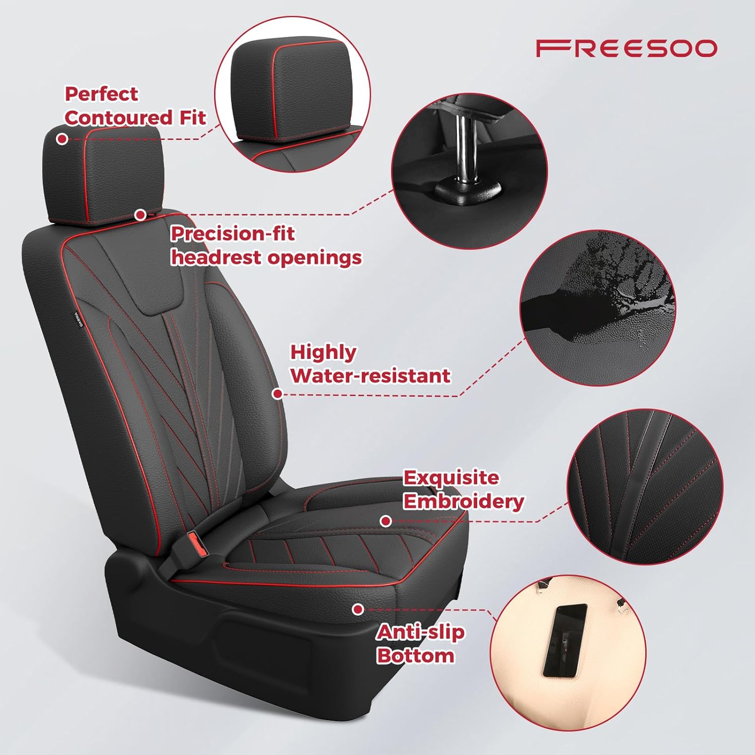 FREESOO for Silverado Seat Covers Breathable Leather Full Set, Fit for Chevy Silverado 2019 2020 2021 2022 2023 2024 2025 2026 GMC Sierra 1500 Crew Cab Waterproof Truck Seat Covers-BlackRed