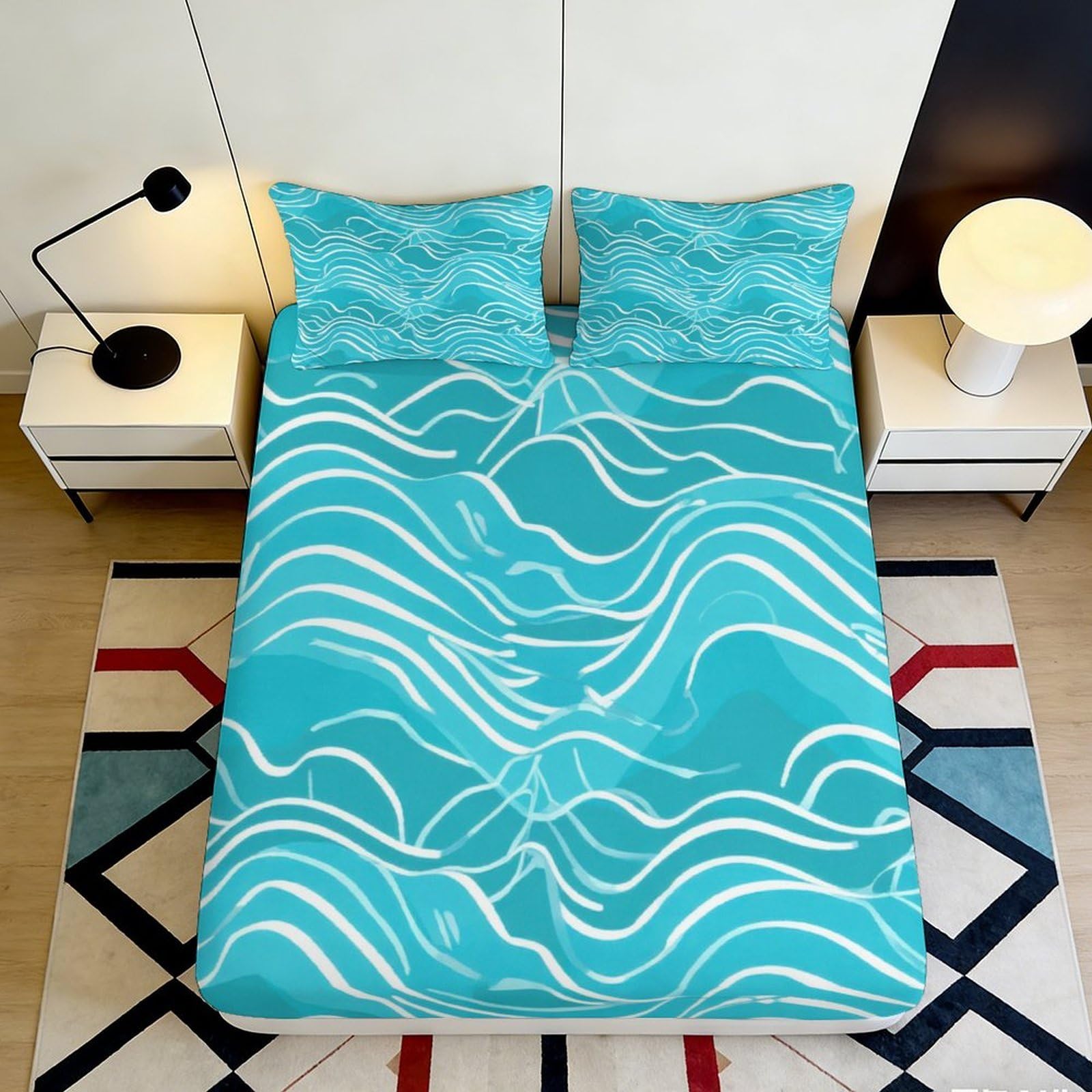 3D Printed Ocean Wave Fitted Sheet Microfiber Soft Turquoise Abstract Lines Mattress Cover for Bedroom Guest Room Decor 90x200x25cm