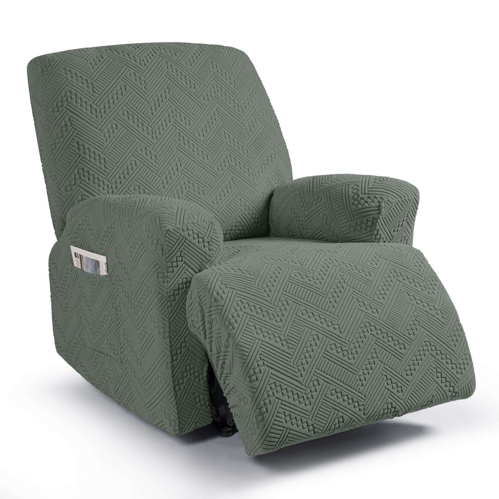 Stretch Recliner Chair Cover 3-Pieces Recliner Covers for Recliner Chair with Pockets Soft Jacquard Reclining Chair Cover with Elastic Straps Bottom (1 Seater, Sage Green)