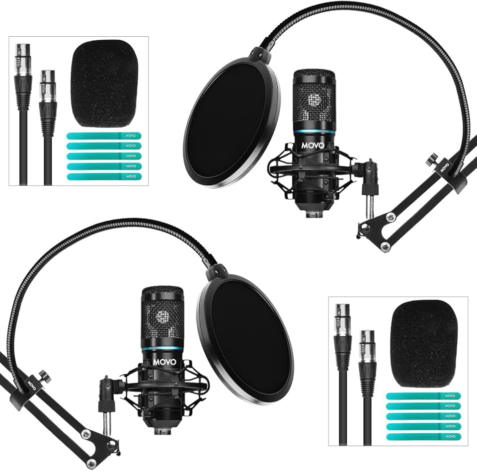 Movo PodPak2A 2-Pack Universal Cardioid Condenser Microphone Kit with Articulating Scissor Arm Mic Stand, Shock Mount, and Gooseneck Pop Filter - Podcast Equipment Set for YouTube, Podcast, Streaming ClimeCo Certified