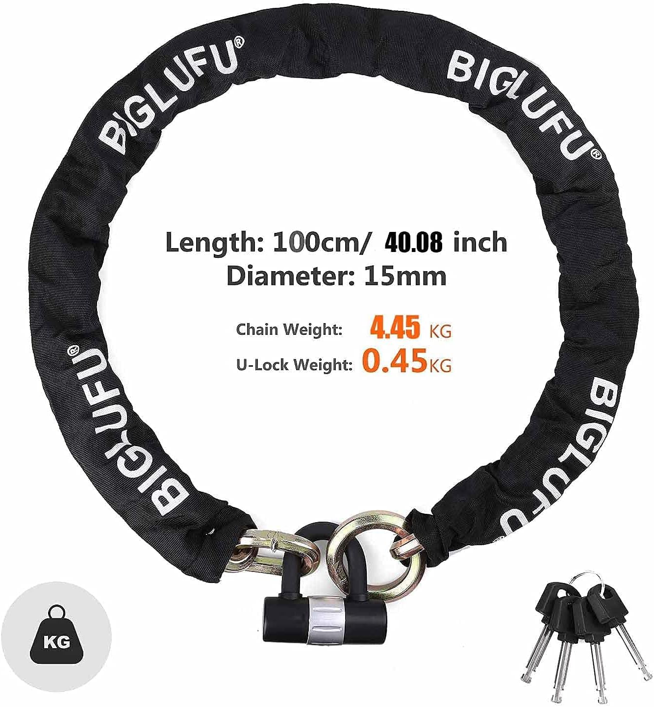 BIGLUFU Motorcycle Chain Locks, 0.6 inch/15mm Chain Links, Heavy Duty U Lock with 16mm Steel Shackle, 3.3ft/100cm Chains for Motorcycle