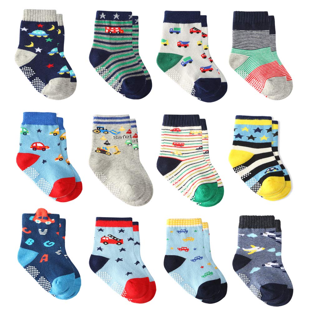 Wobon12 Pairs Baby Socks for Boys Cotton Socks Non Skid Grip Socks, Toddler Boy Anti Slip Ankle Socks for Kids Boys