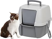 IRIS USA Large Enclosed Cat Litter Box with Front Flap Door, Scoop & Handle - Privacy, Odor Control, Portable Gray