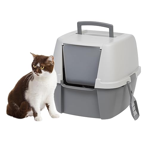 IRIS USA Cat Litter Box, Large Litter Box Enclosure with Front Door Flap and Scoop, Covered Kitty Litter Box with Handle and Buckles for Portability and Privacy, Gray - Jumbo Enclosed