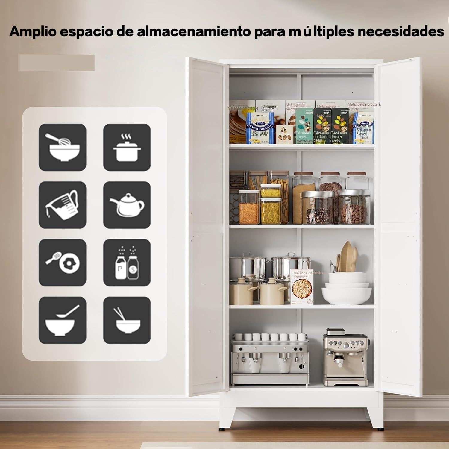 Armario Metalico Alacena, Aparador Comedor de Metal, Armario Cocina Almacenaje con Estantes Regulables, Área culinaria, Salón, 35x70x155cm, Blanco