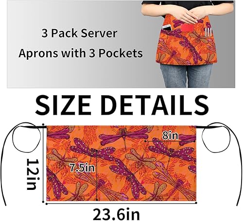 Miniatura 4 de bisibuy 3 Pocket Waist Apron, Pack of 3, Dragonfly Bird Server Short Apron for Men Women, Kitchen, Restaurant, Cafe Delantales De Mesera Para Mujer