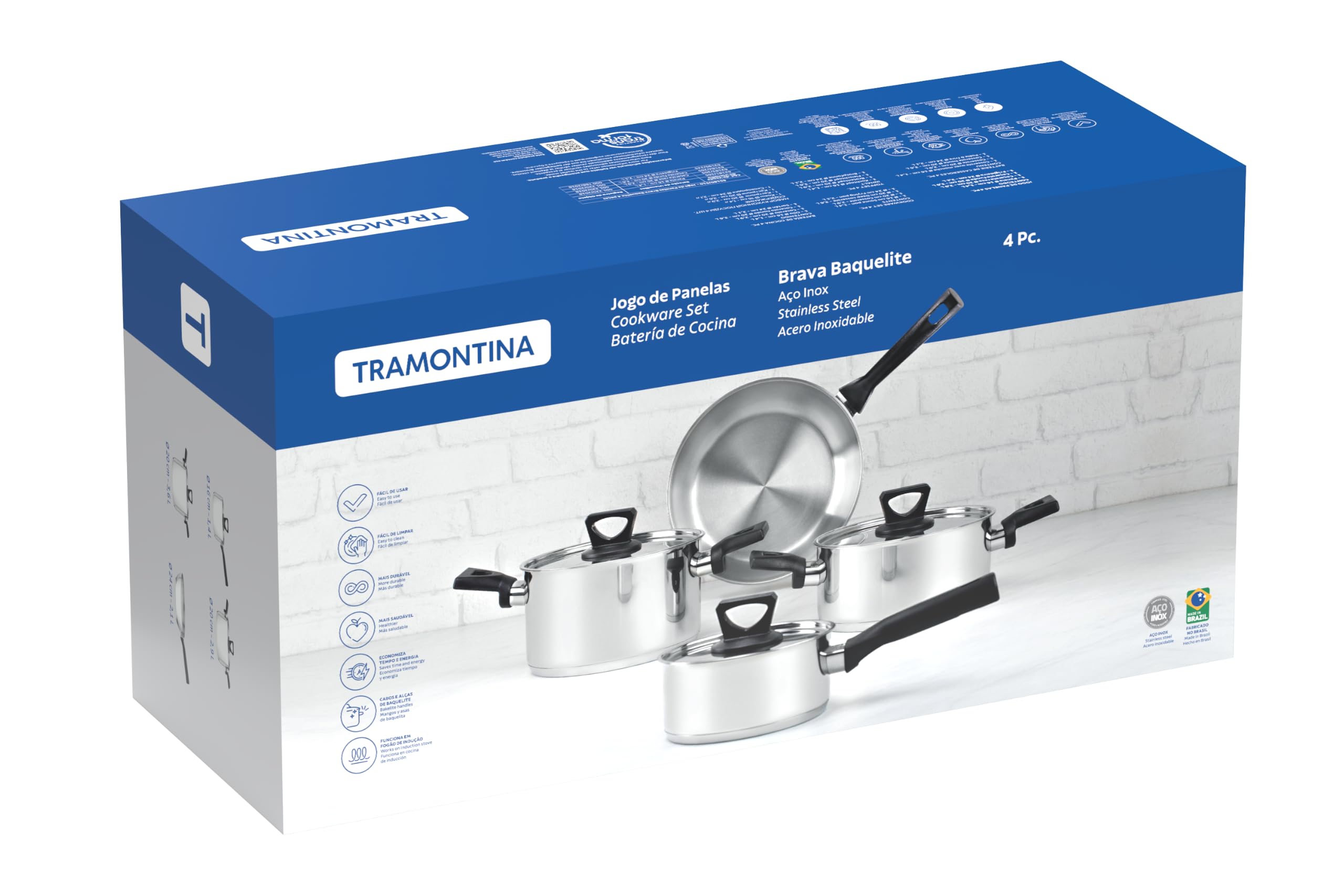 Tramontina Batterie de Cuisine Brava Inox Fond Triple Bakélite 4 Pièces