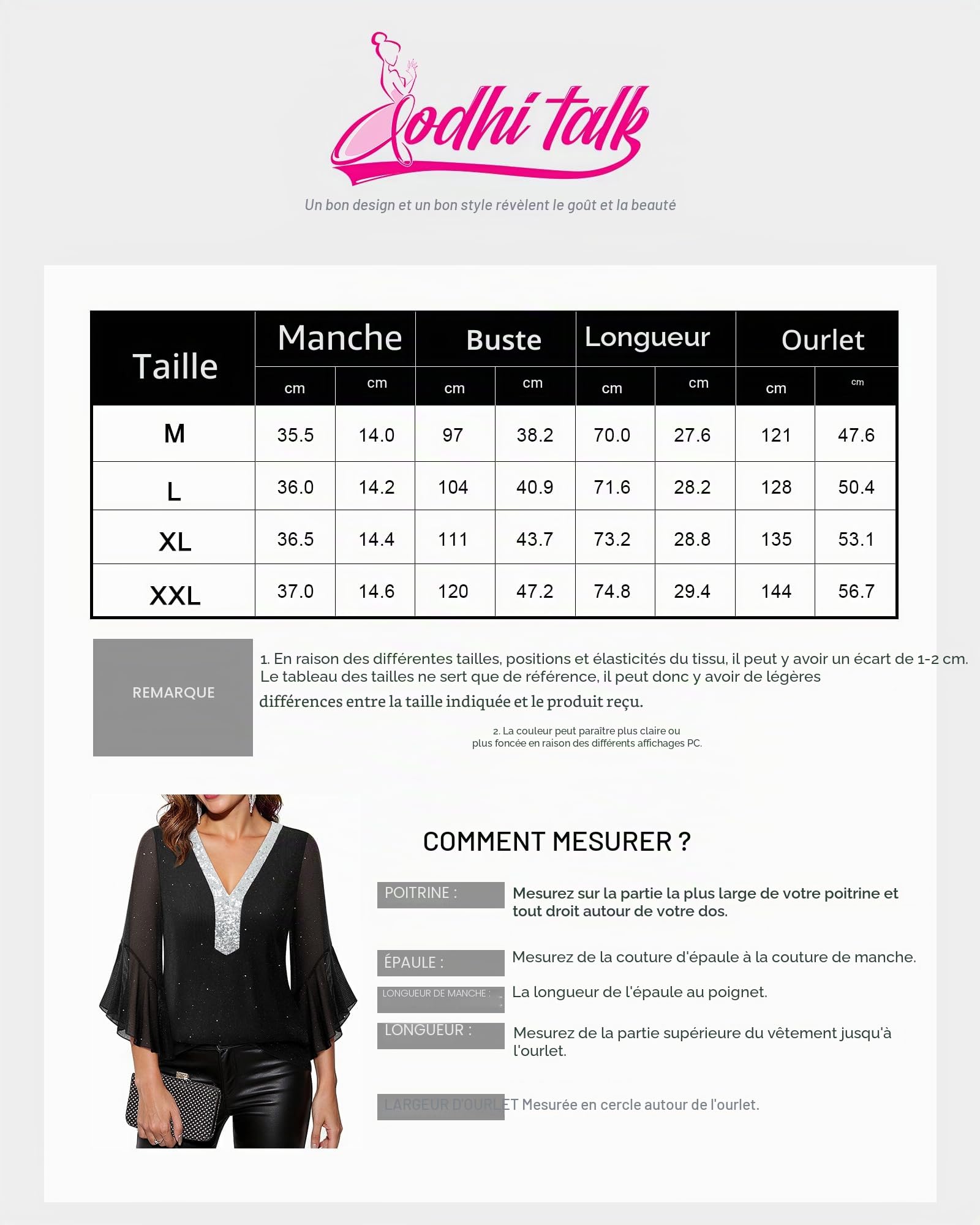 Bodhi talk Élégant chemisier pour femme - Manches 3/4 à volants - Tunique à paillettes - Col en V - Double couche en maille - Haut festif pour un usage quotidien et une fête parfaite