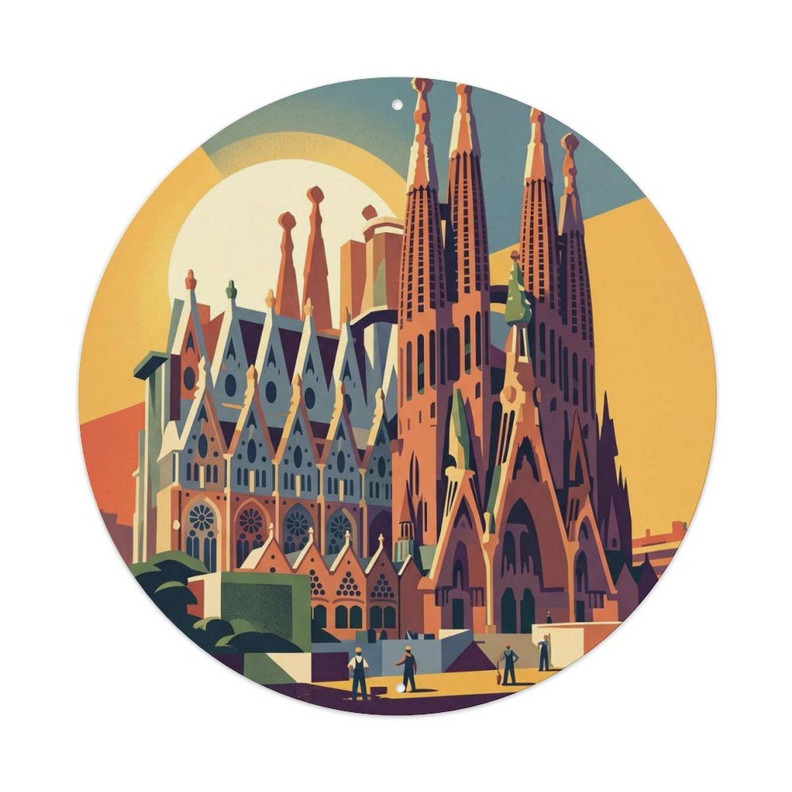 Yrnq Vintage Style Vintage Travel Barcelona Spain Architecture Vintage Metal Tin Sign Plaque Wall Decor For Cafe, Club, Garden Round Metal Poster 8X8inch