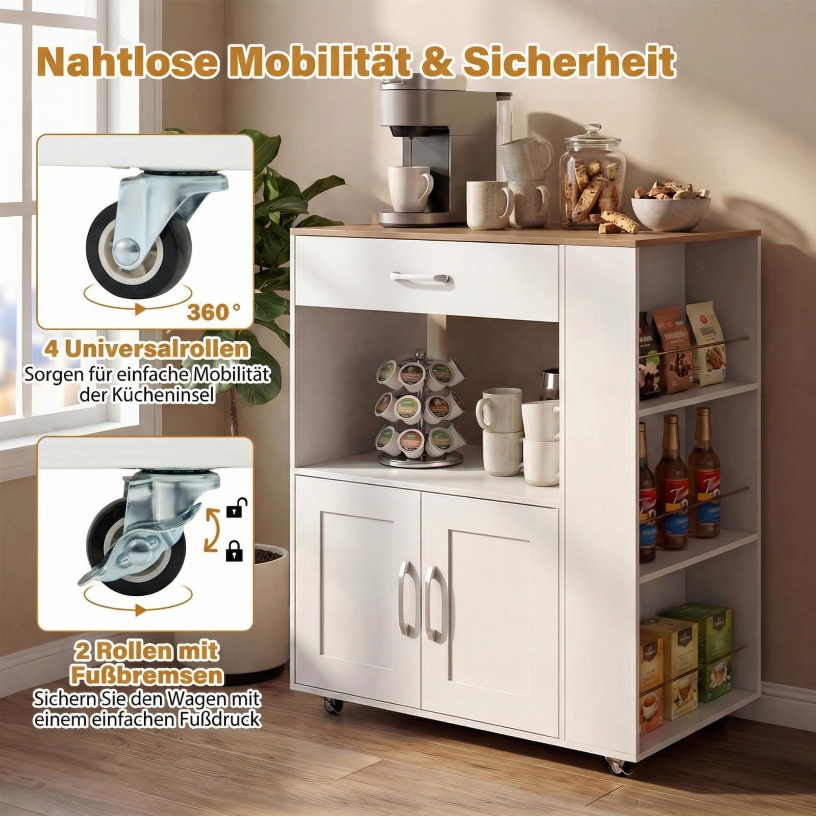 GIANTEX Küchenwagen mit Rollen, Servierwagen mit Arbeitsplatte, 75x46x90,5 cm, Weiß