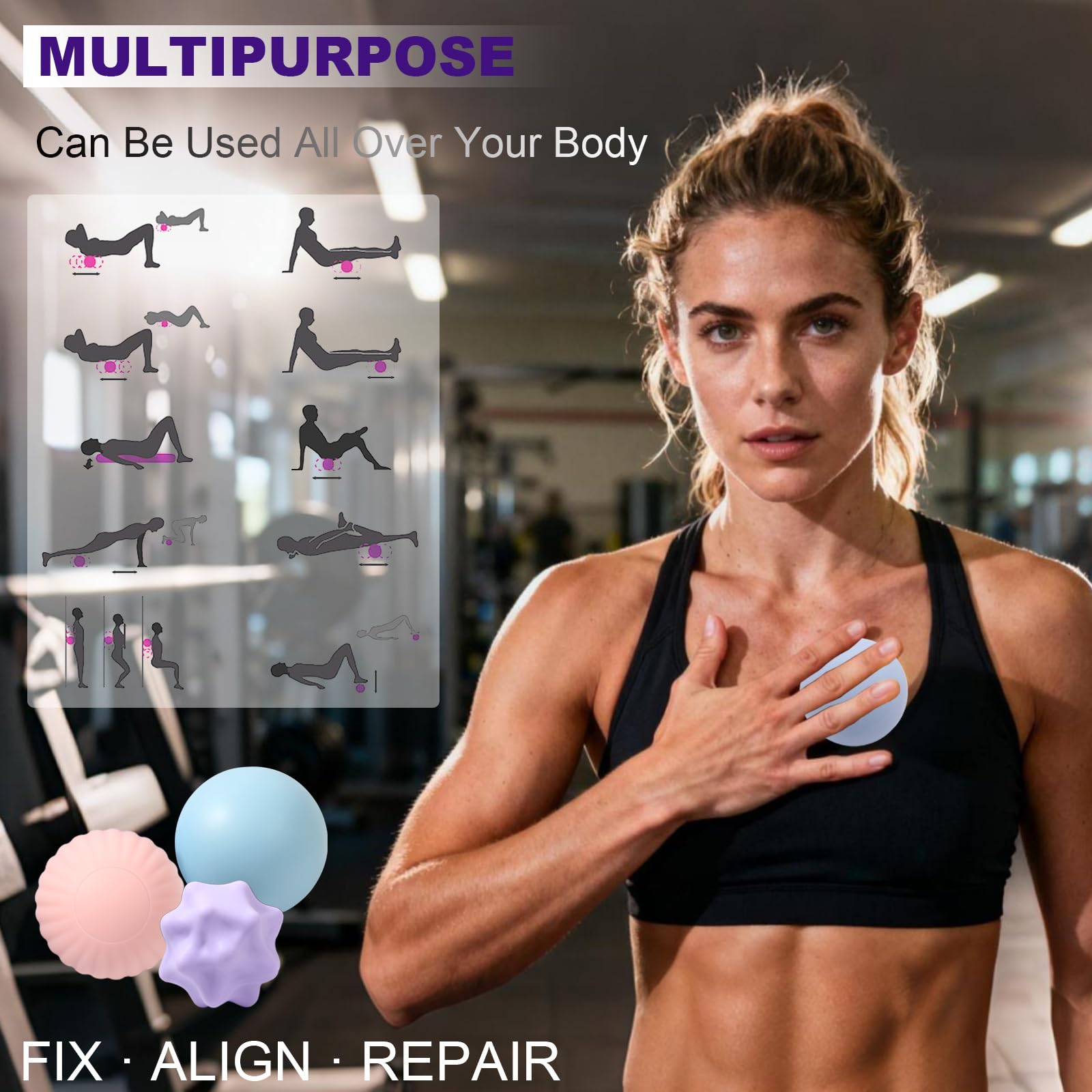 HODEMI Juego de bolas de masaje para tejido profundo, 3 piezas, bola de masaje de lacrosse, bolas de masaje manual de silicona para liberación miofascial y relajación muscular con bolsa de malla