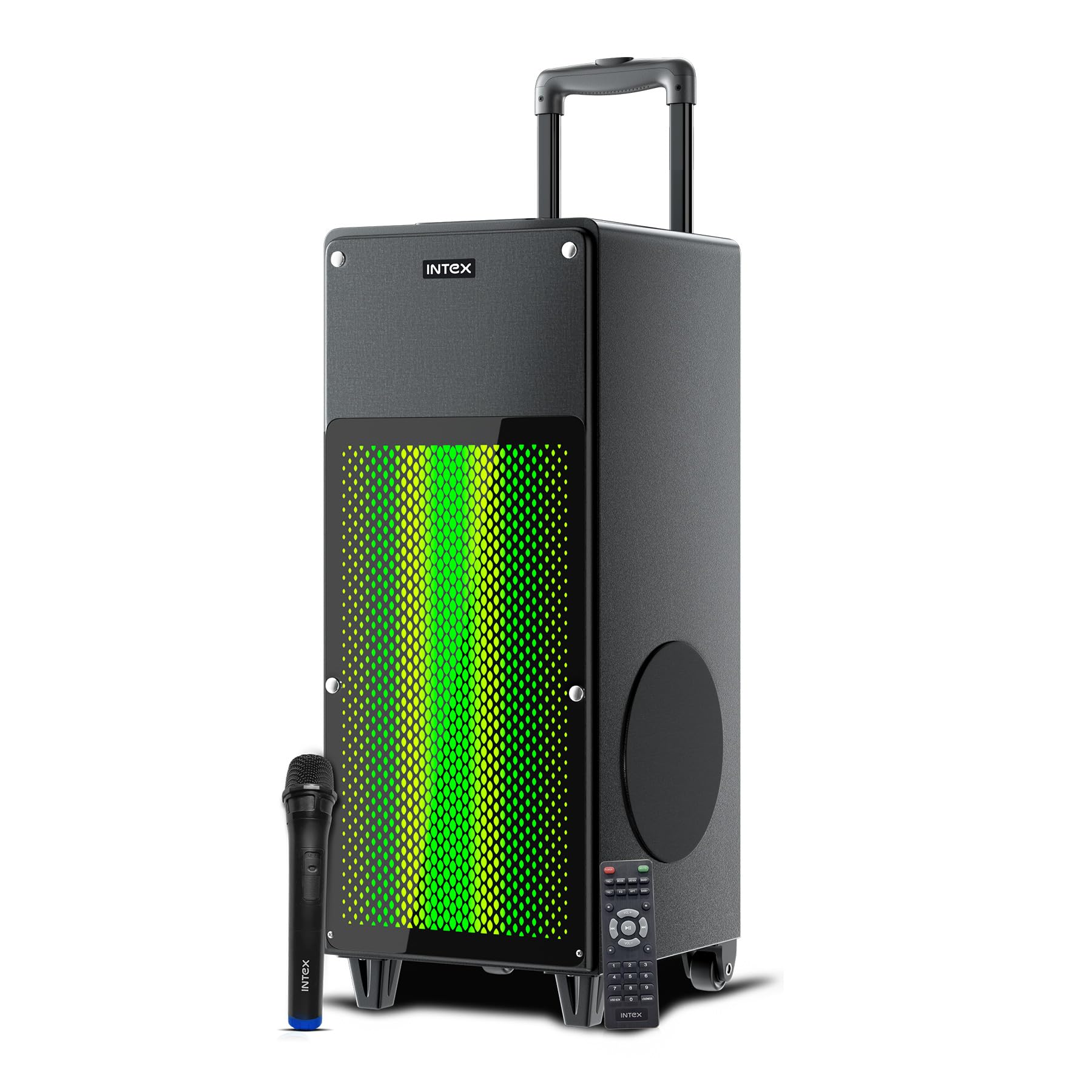 Intex Thriller 1000 Trolley Speaker | 100W Sound Output | Rechargeable Battery | Karaoke Wireless Mic | Touch Control | RGB LED Lights | FM/USB/AUX/BT Playback | 8" Woofer | Black (Pack of 1)-image-40