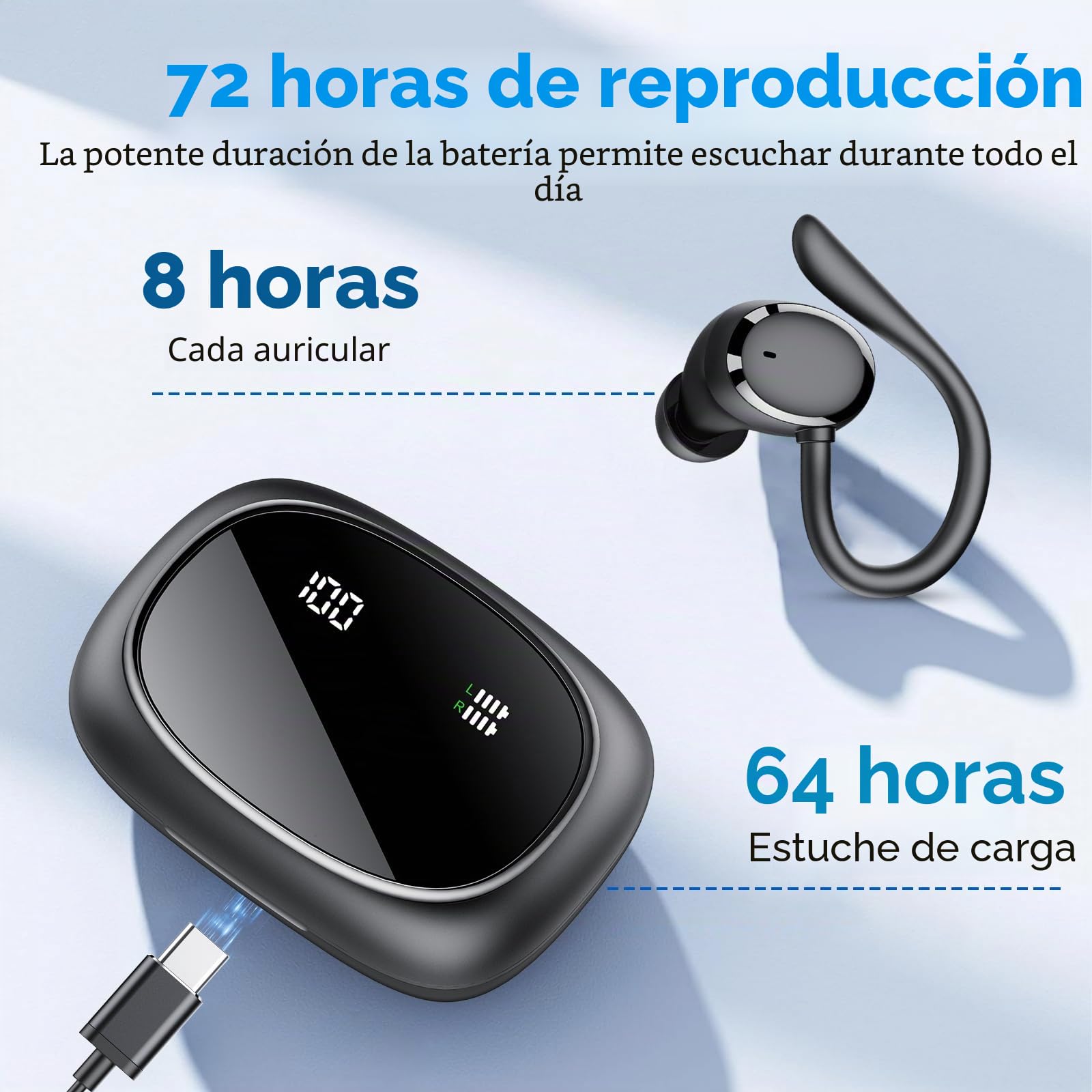 Auriculares Inalambricos Deportivos, Auriculares Bluetooth 5.3 con 4 HD Mic, 72H Cascos Inalambricos Bluetooth con Cancelacion Ruido ENC, Auriculares Inalambricos IPX7 Impermeable, USB-C, Pantalla LED