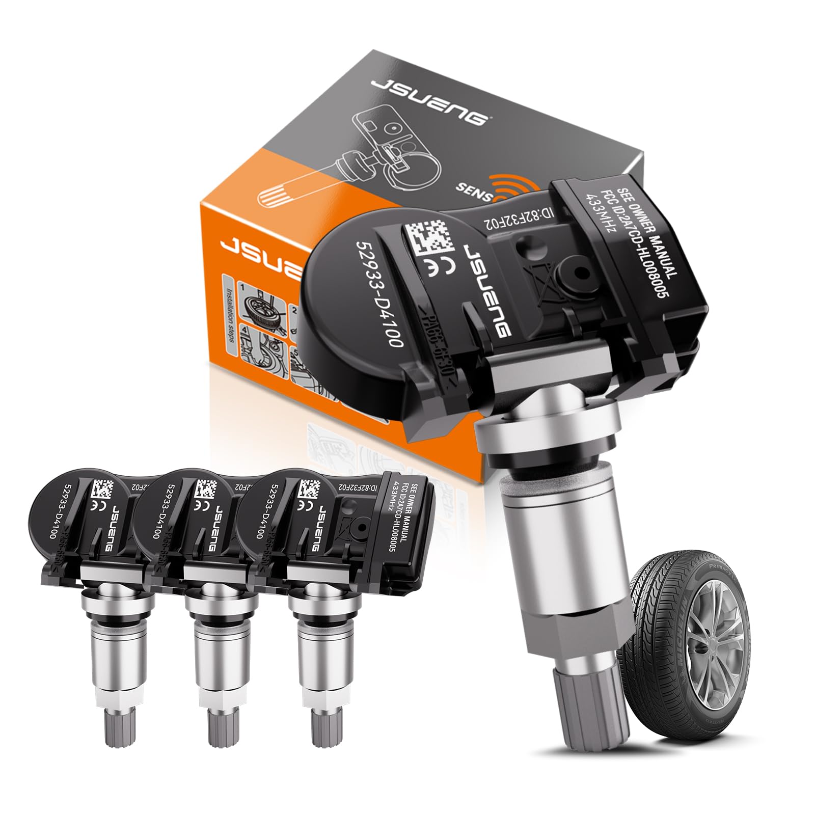 Jsueng TPMS Sensor, Tire Pressure Monitoring System Sensor fit for Hyundai Sonata Veloster Kona Elantra, Kia NIRO Soul Repalces#52933-D4100 52933F2000 52933D9100 52940L1100 4-Pack