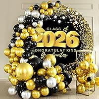 Vista 3 de OERJU Cubierta de fondo redonda de graduación para clase de 2026, telón de fondo redondo negro y dorado, decoración de fiesta de graduación, fondo